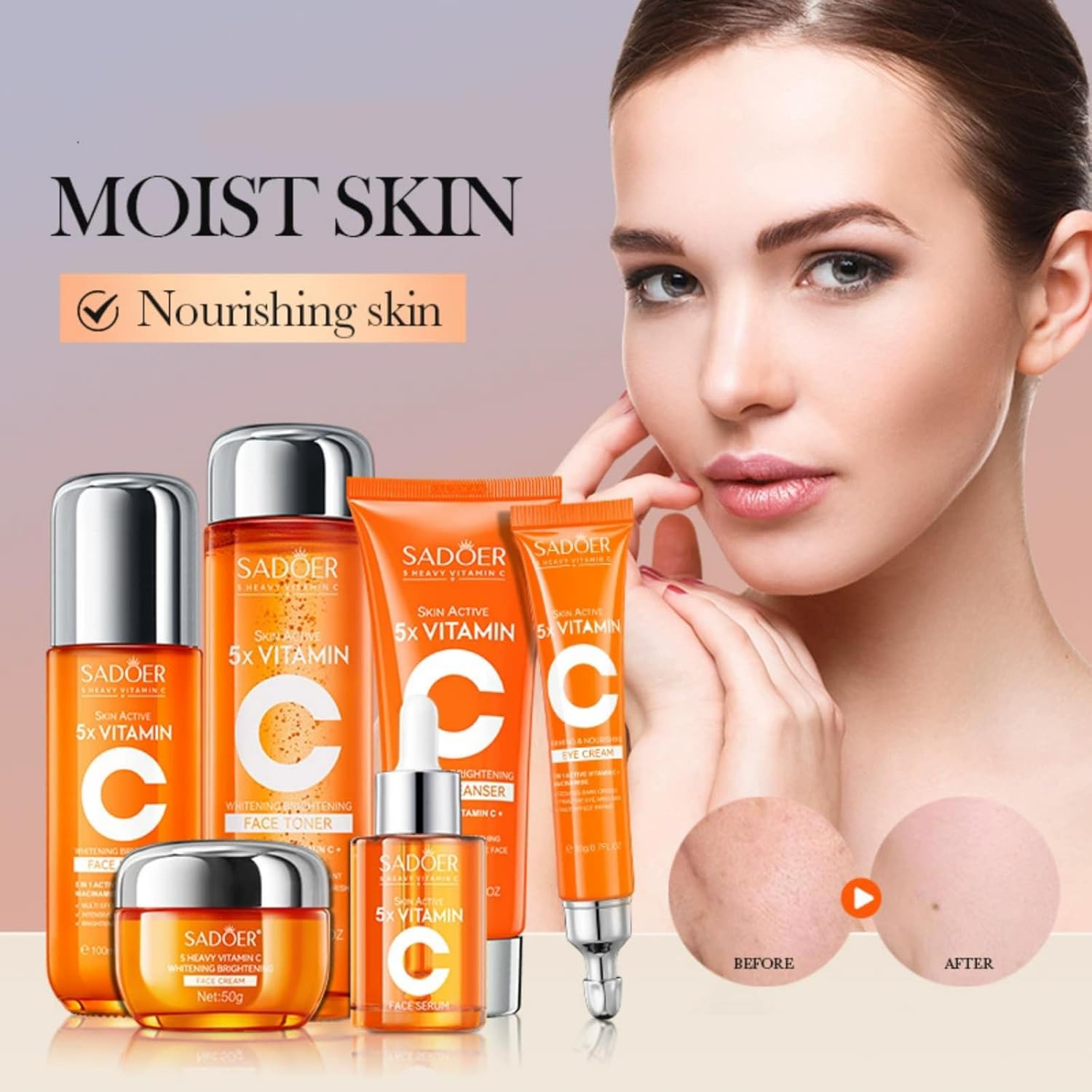 For SADOER 5X Vitamin C Facial Skin Care Gift Box Set,Face Treatment Collection,Skin Care Sets Kits,Cleansing Moisturizing Skin Care,Contains cleansing lotion toner facial creams eye creams serum