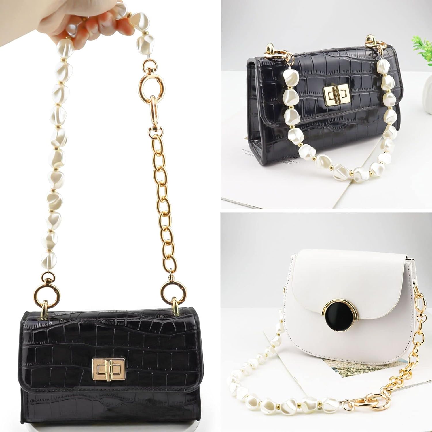 Beaulegan Unique Pearl Purse Chain Handles - Short Strap Replacement for Handbag Set of 2, 15.7 & 7.8 Inch Long (Gold) - Image 6