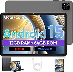 Tablet Android 15, tablets de 10 polegadas com processador Octa-Core, 12GB RAM 64GB ROM 2TB Expand, 1280x800 HD Touchscreen, GPS, WiFi 5, câmera dupla, BT5.0, 6000mAh, tablet PC Widevine L1 (preto)