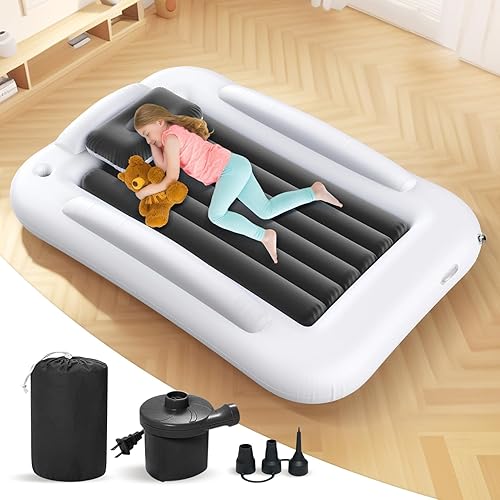 Miniatura 10 de Cama inflable de viaje para niños pequeños, cama portátil de 60 pulgadas para viajes con lados de seguridad, acogedor juego de colchón de aire para