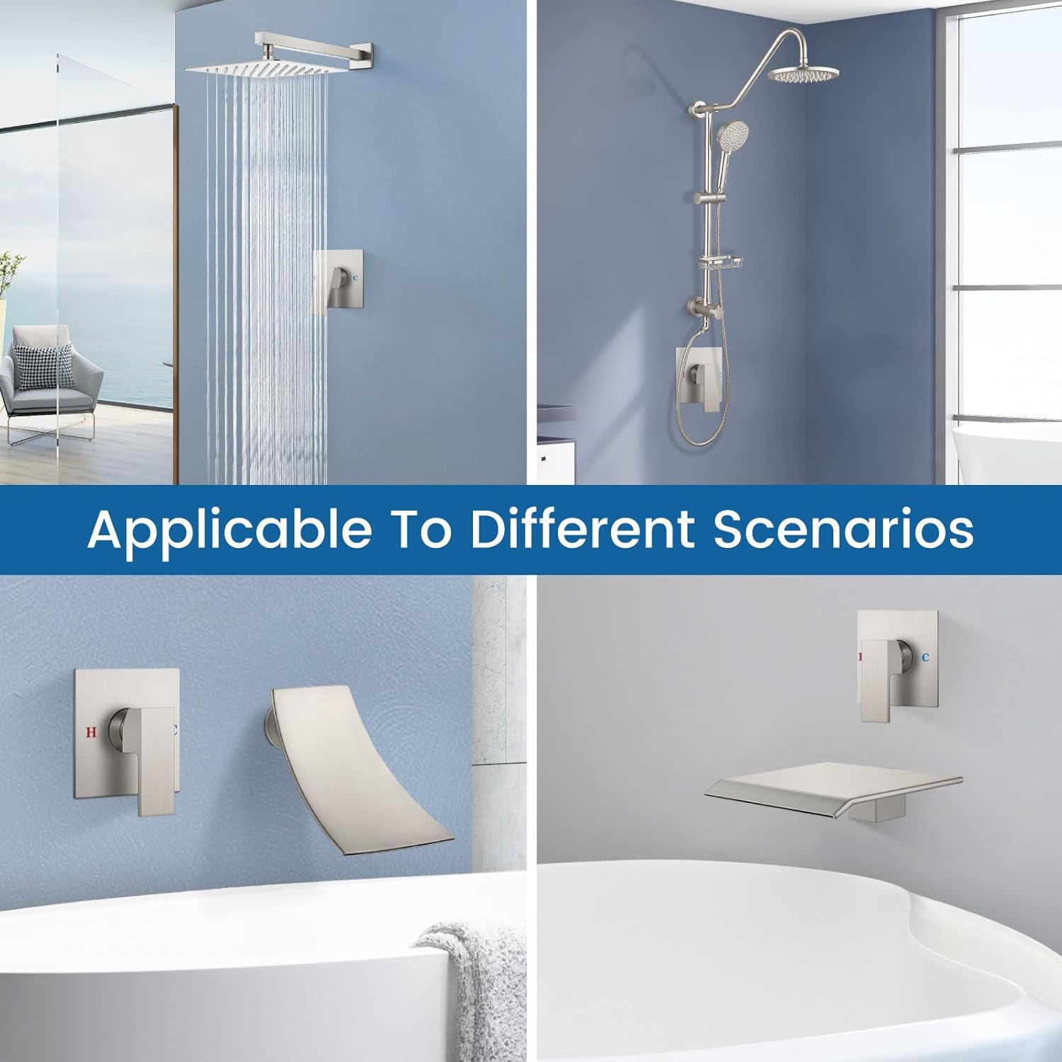 Airuida Square Single-Function Brass Faucet Shower Rough-in Valve Male Thread Bathroom Trim Kit Single Handle Tub Shower Valve 4.3 Inch Cover Plate Brushed Nickel