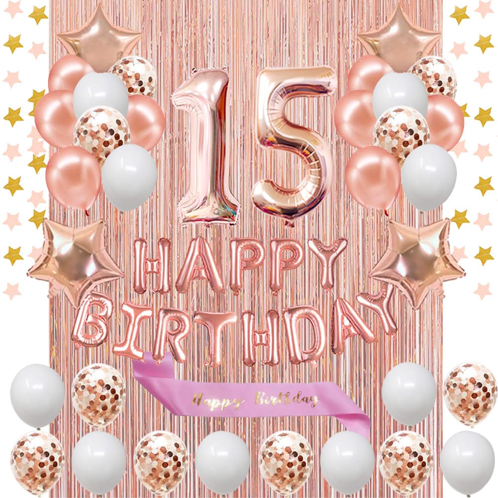 Fancypartyshop 15th Birthday Decorations - Rose Gold Happy Birthday Banner and Sash with Number 15 Balloons Latex Confetti balloons Ideal for Girl 15 Years Old Birthday Rose Gold