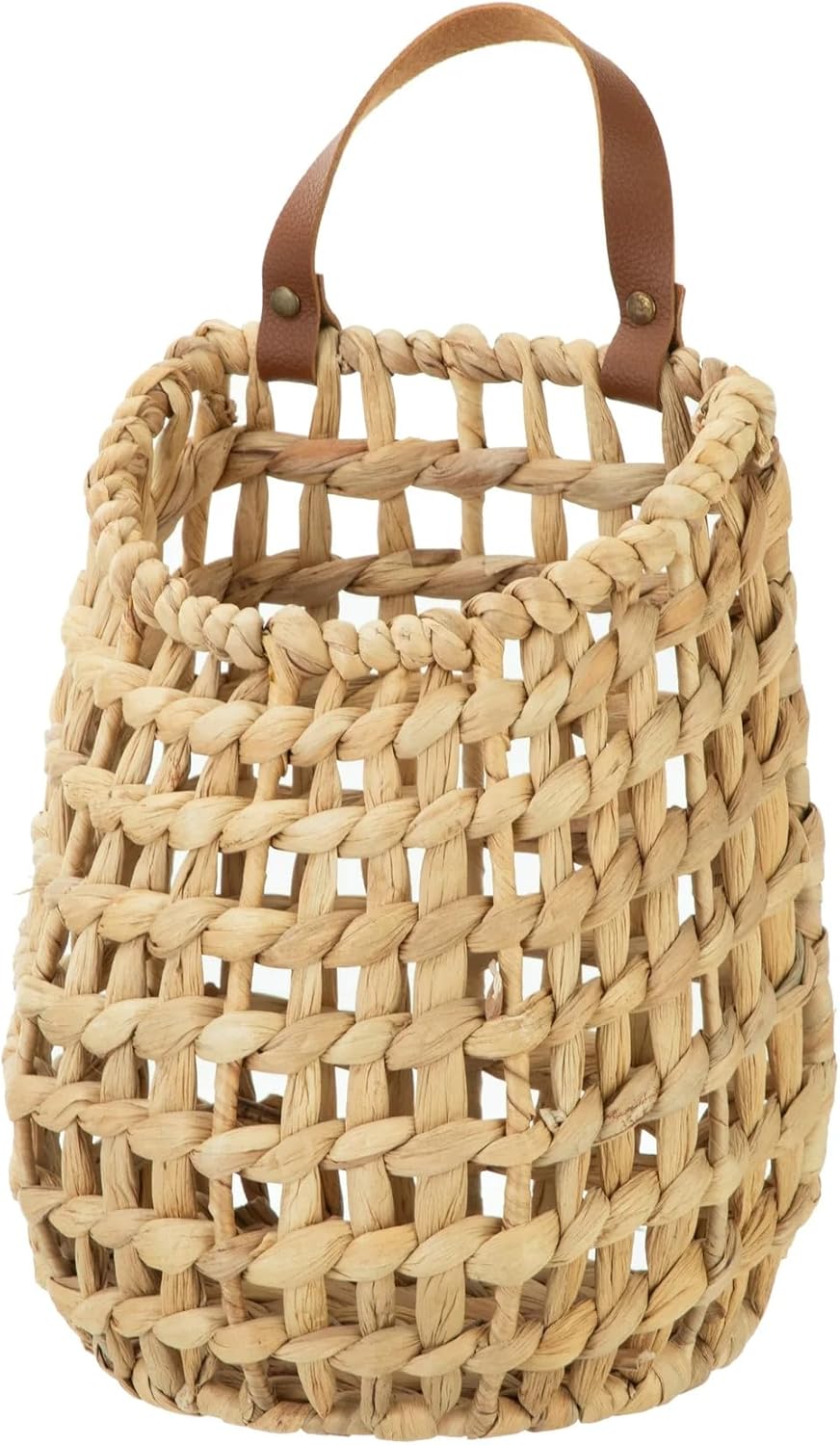 Water Hyacinth Hanging Basket with Faux Leather Strap - Handwoven Boho Wall Basket for Plant Flower Storage Home Decor (1)