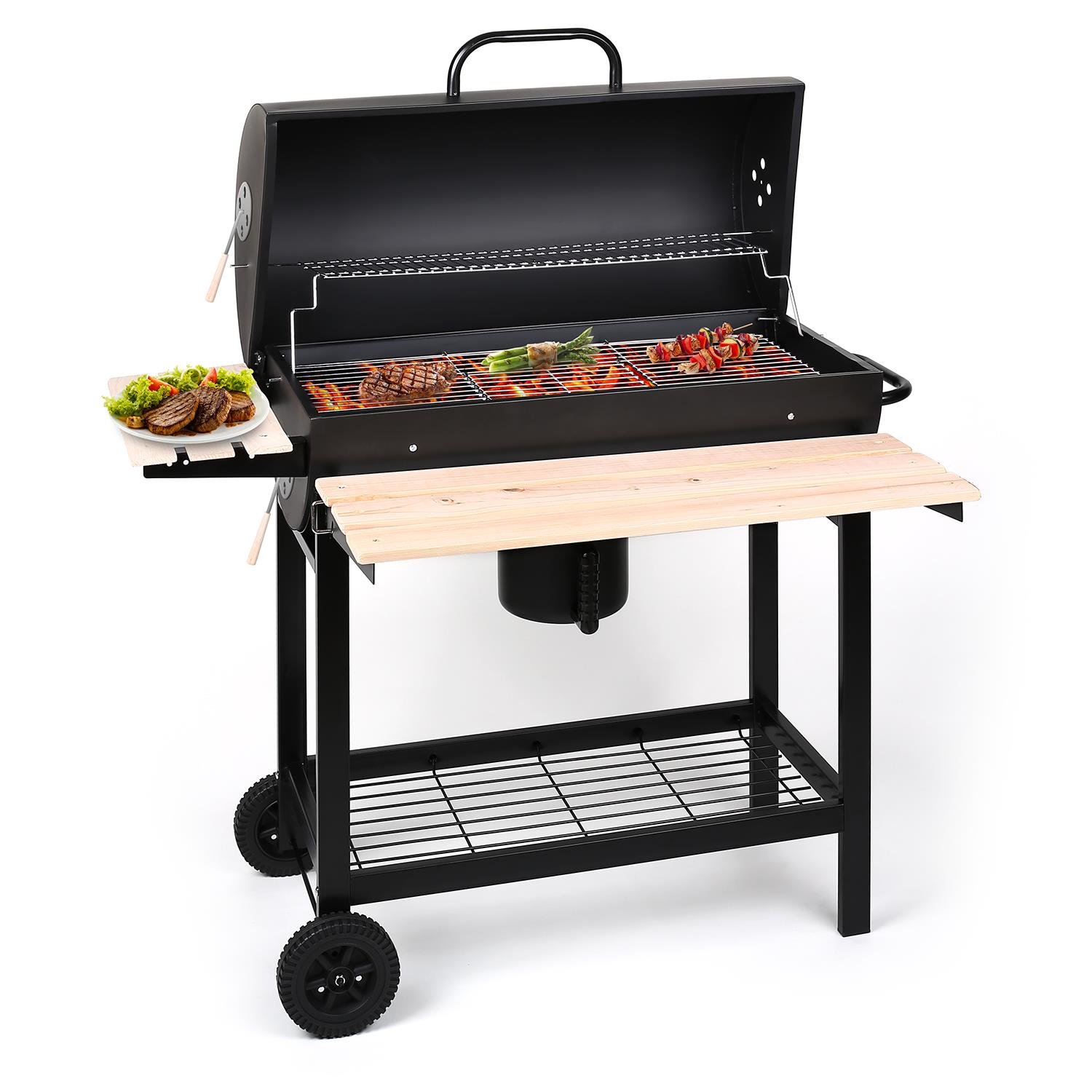 oneConcept Beefbutler - griglia a Carbone, griglia da Giardino, griglia Diretta e indiretta, 2 Ripiani in Legno, 4 Aperture di Ventilazione, Contenitore Rimovibile, Ruote per Trolley, Nero