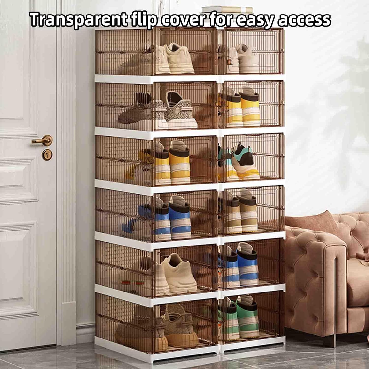 JUSHZ Narrow Shoe Rack Shoe Storage Stand Shelf Slim 6 Tier Boxes Stackable Clear Detachable Lightweight Stackable Waterproof Space Saving Transparent Door Foldable Plastic (Gray,26×35×105.5cm)