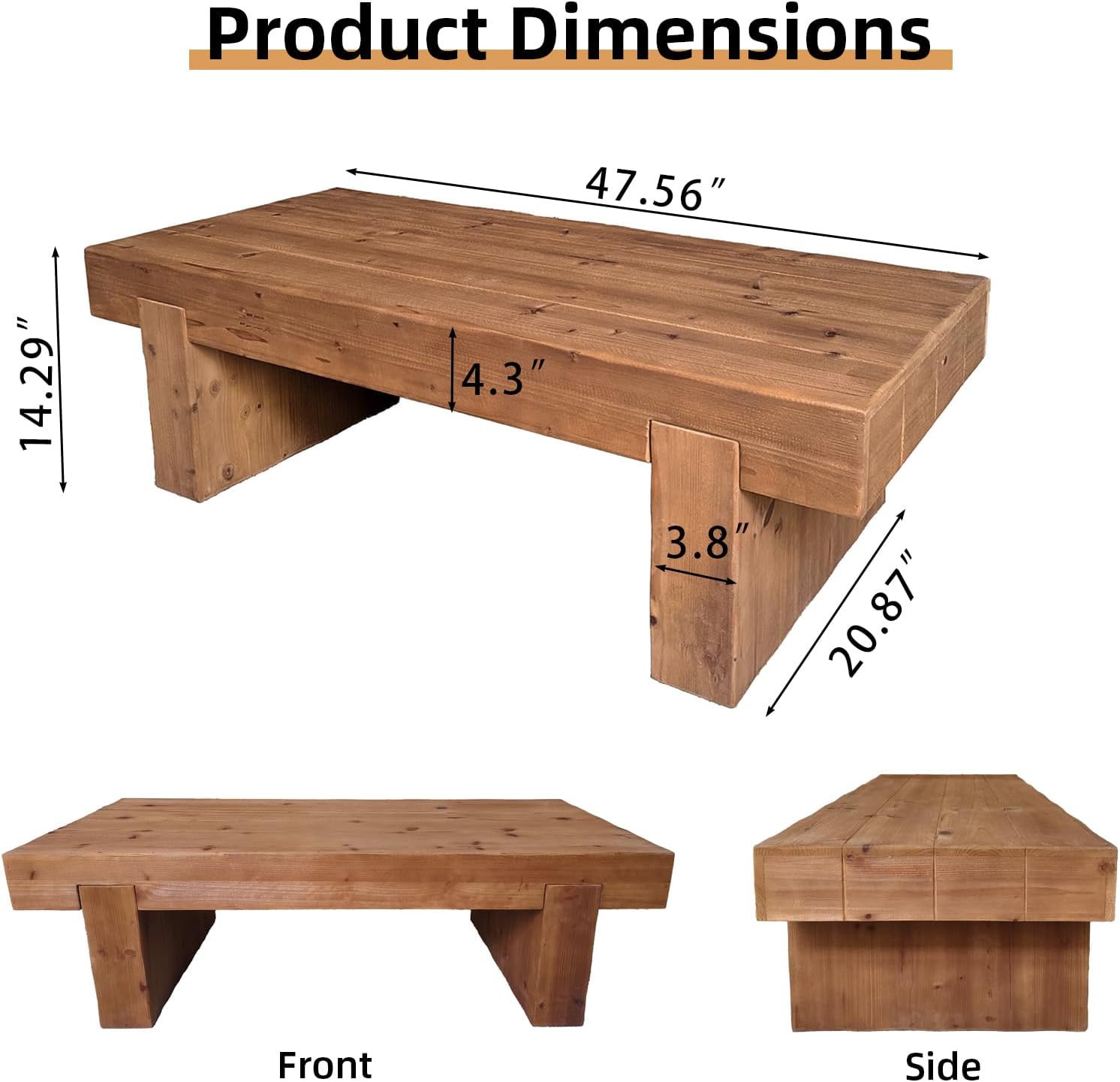 SSLine Solid Wood Coffee Table 47.6-Inch Rectangular Coffee Table for Living Room,Farmhouse Cocktail Center Tables with Thicken Top and Sturdy Legs,Walnut