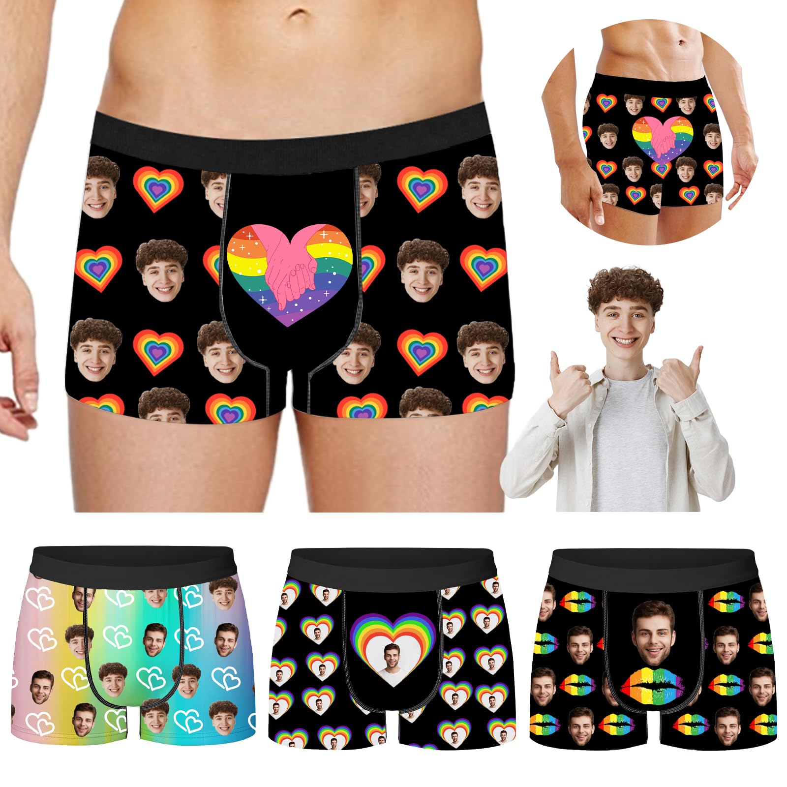AAQ Personalised Boxers for Men with Face, Custom Funny Photo Boxer Briefs, Personalised Gay Rainbow Pride Underwear, LGBTQ Gift (UK, Alpha, S, XXL, Regular, Regular, 01-CHNK)