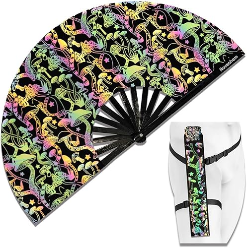 Ventilador de mano plegable de bambú holográfico con funda para hombresmujeres, ventilador de mano para EDM, festival de música, club, extraño,