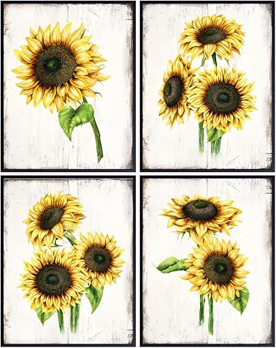 Farmhouse Sunflowers - Rustic Vintage Home Decor, Wall Art, Room Decoration for Kitchen, Dining Room, Bedroom, Bathroom, Apartment - Boho Country