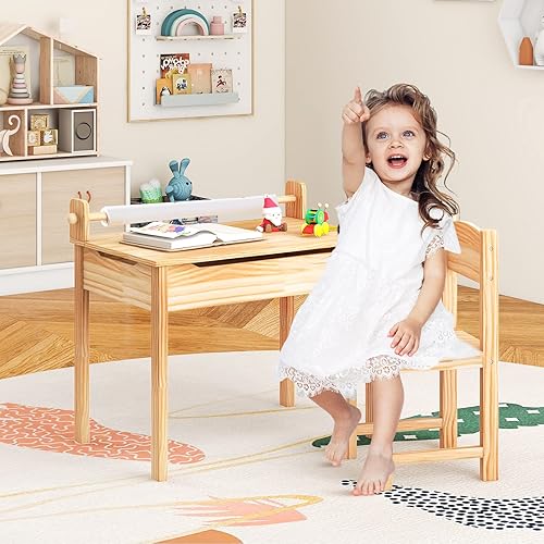 Miniatura 8 de Costzon Juego de mesa y silla para niños, mesa de manualidades con tapa abatible para niños con silla para sala de juegos, jardín de infantes, juego