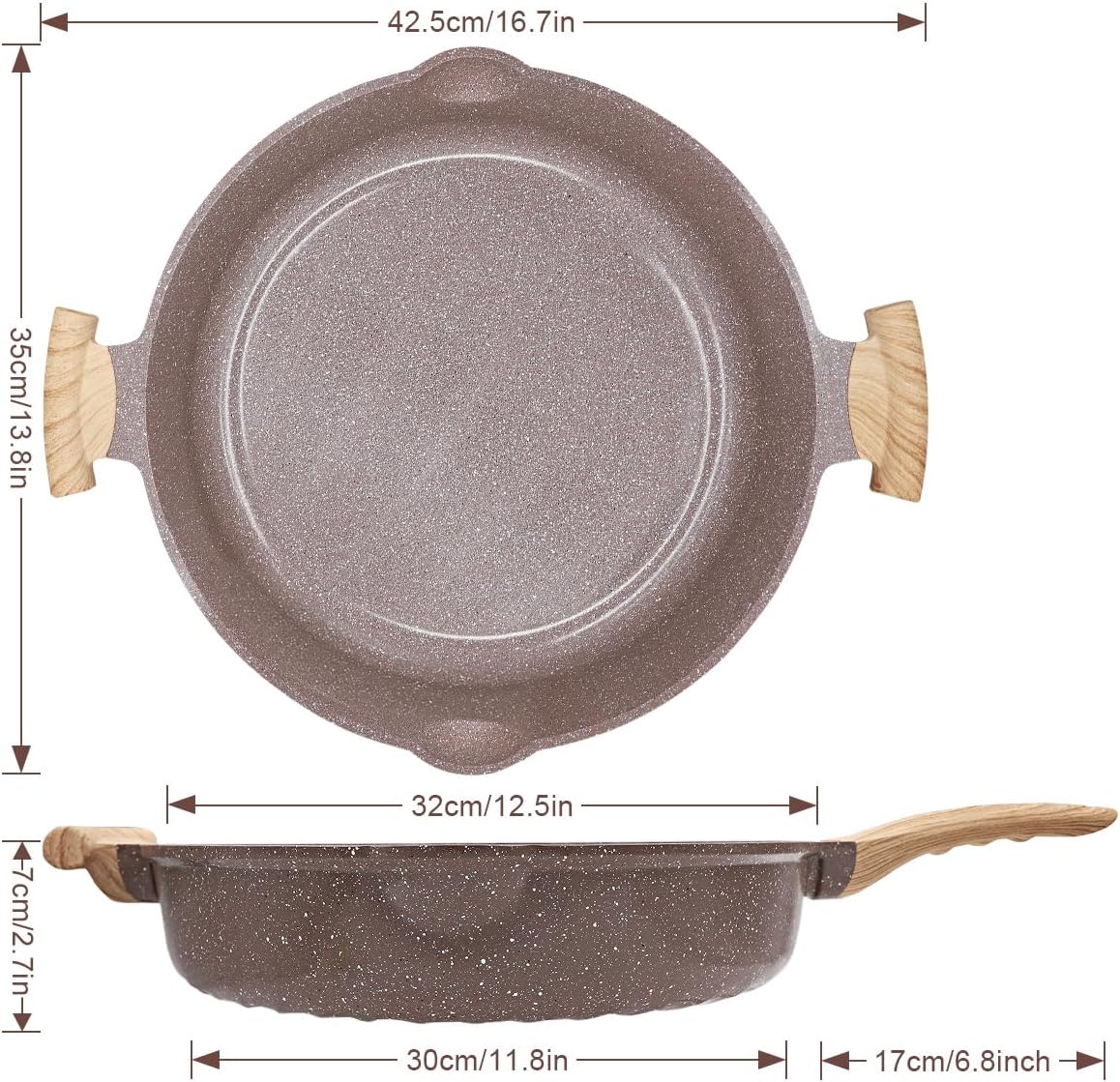 Ceramic Frying Pan with Lid, 14 Inch Saute Pan, Non Stick Frying Pans, 2-In-1 Large Cooking Pan, Nonstick Skillet, Compatible with All Stoves, PTFE & PFOA Free, Brown - Image 2