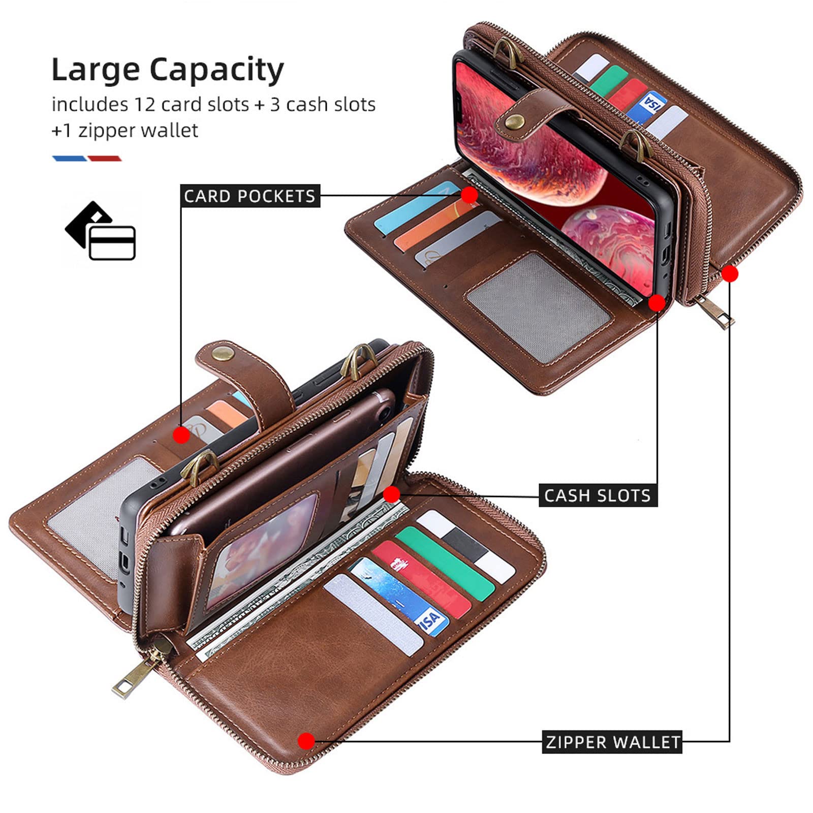Etui do iPhone 14 / 14 Pro / 14 Plus / 14 Pro Max, klapki, zamek błyskawiczny, etui na telefon komórkowy, przegródka na karty, magnetyczne, odporne na zarysowania, brązowe, 14 Pro 6,1"