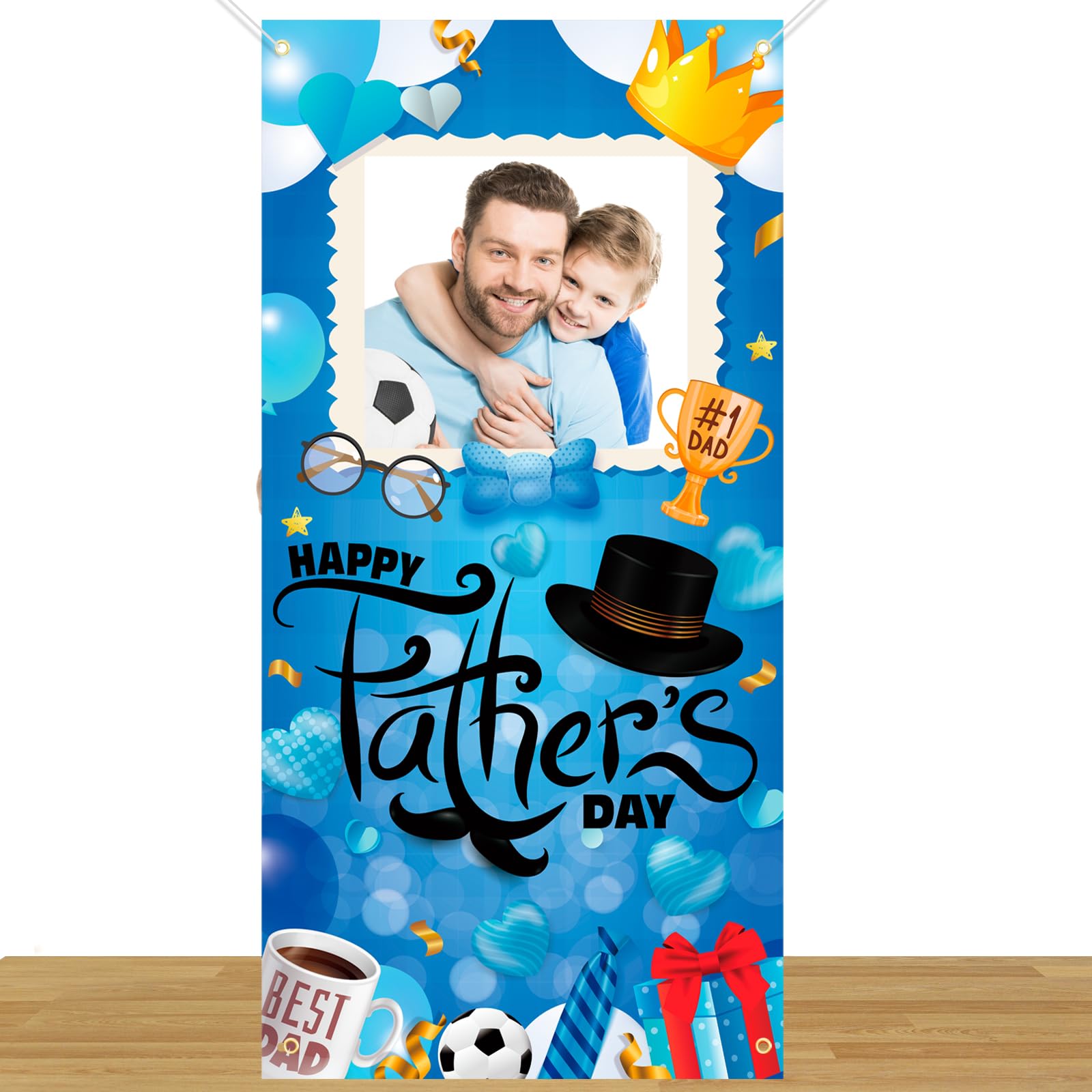 HOWAF Happy Father’s Day Photo Frame Banner, Fathers Day Blue Photo Booth Props Door Banner for Best Dad Party Dad’s Birthday Decorations, I Love You