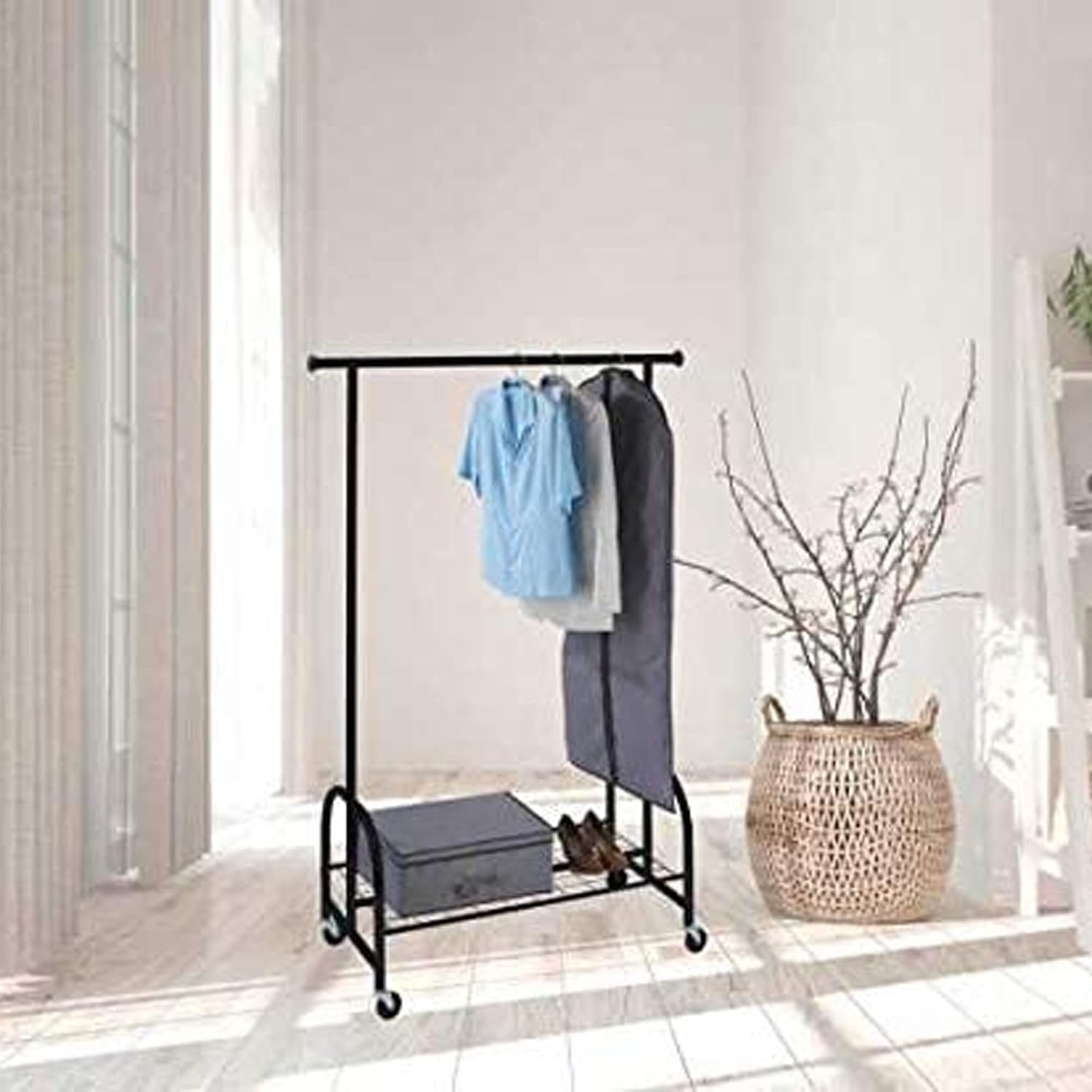 WENKO Clothing Rack, Rolling Clothes Rack with Bottom Shelf, Hanging Clothes Garment Rack with Wheels, Standing Cloth Organizer, Heavy Duty, 47.6 x 72.8 x 20.5 in, Black