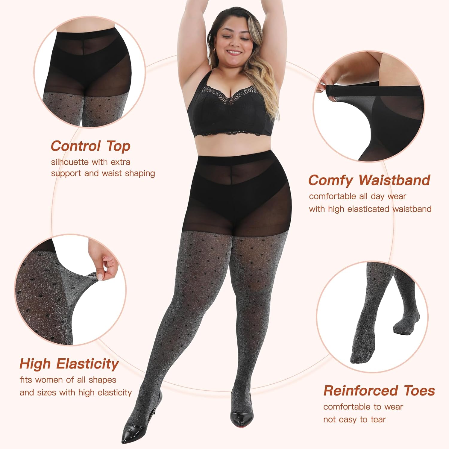WiliW Polka Dot Plus Size Tights for Women Shimmer Patterned High Waist Tights 40D Shiny Sheer Black Pantyhose - Image 3