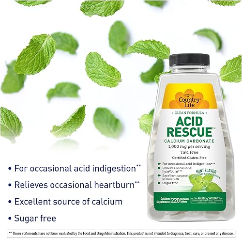 Miniatura 4 de Country Life Acid Rescue - Carbonato de calcio, fórmula limpia, 1,000 mg, sin talco, 220 tabletas masticables de sabor a menta, sin azúcar,