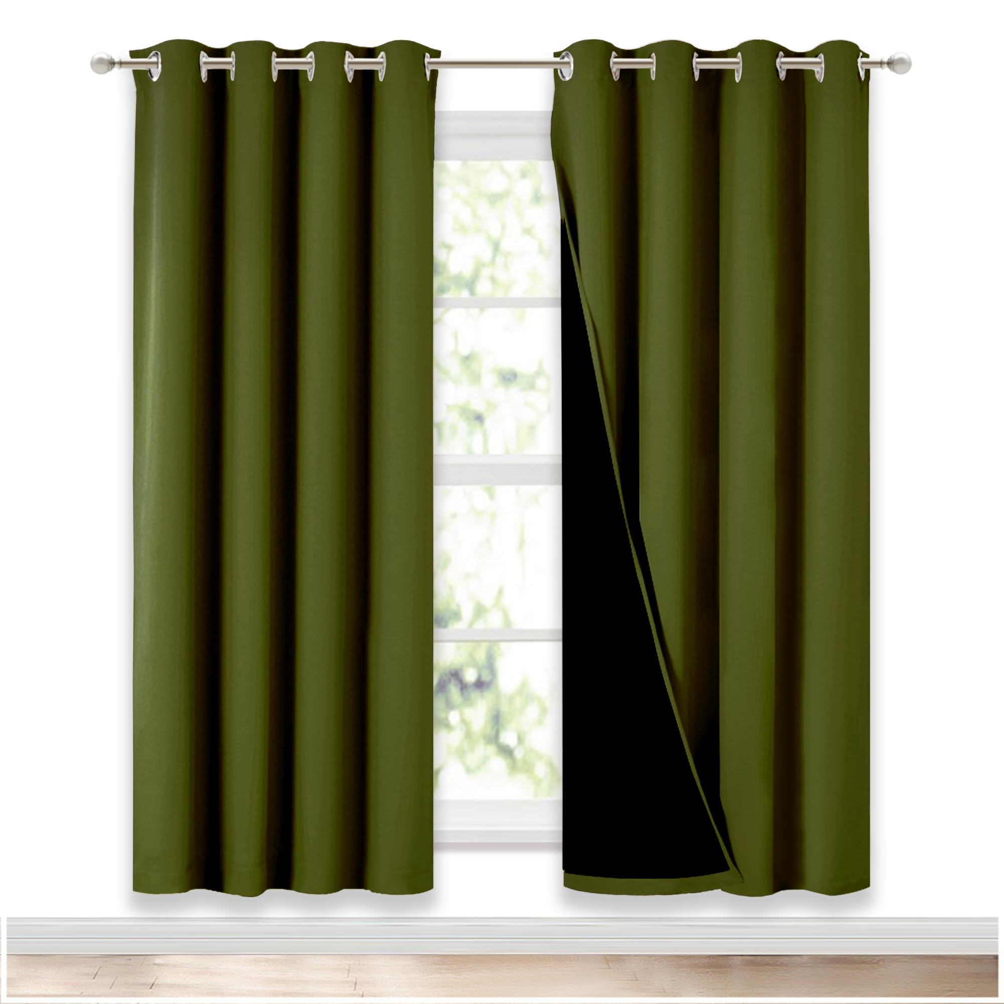 NICETOWN 100% Blackout Window Curtain Panels, Olive Green, 2 Pieces, 52-inch Wide Per Panel, Full Light Blocking Drapes with Black Liner for Nursery, 72-inch Drop Thermal Insulated Draperies