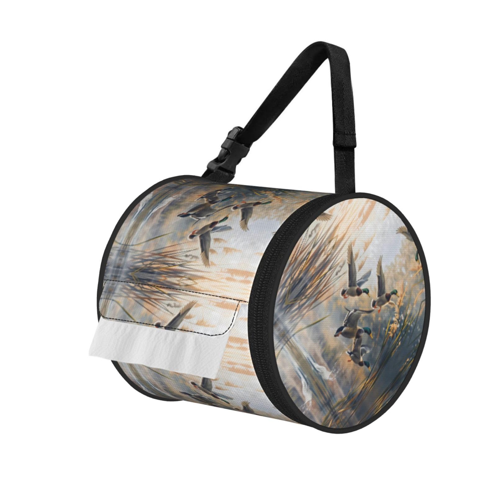 Waterfowl Take Flight Print Round Tissue Dispenser Bag With Carry Strap, Portable Roll Holder For Car Travel Home