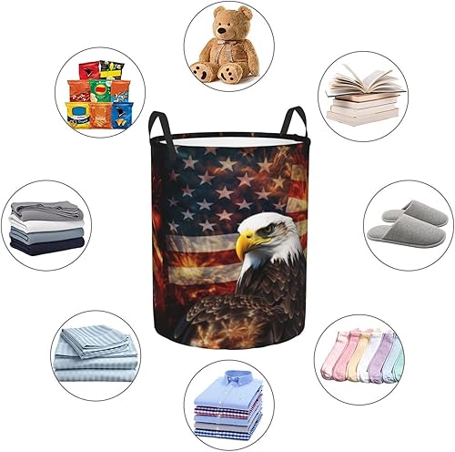 Miniatura 6 de American Flag Fire Eagle print Circular Hamper Waterproof Storage Bin Organizer Basket Laundry Hamper With Handles For Clothes Toys Medium