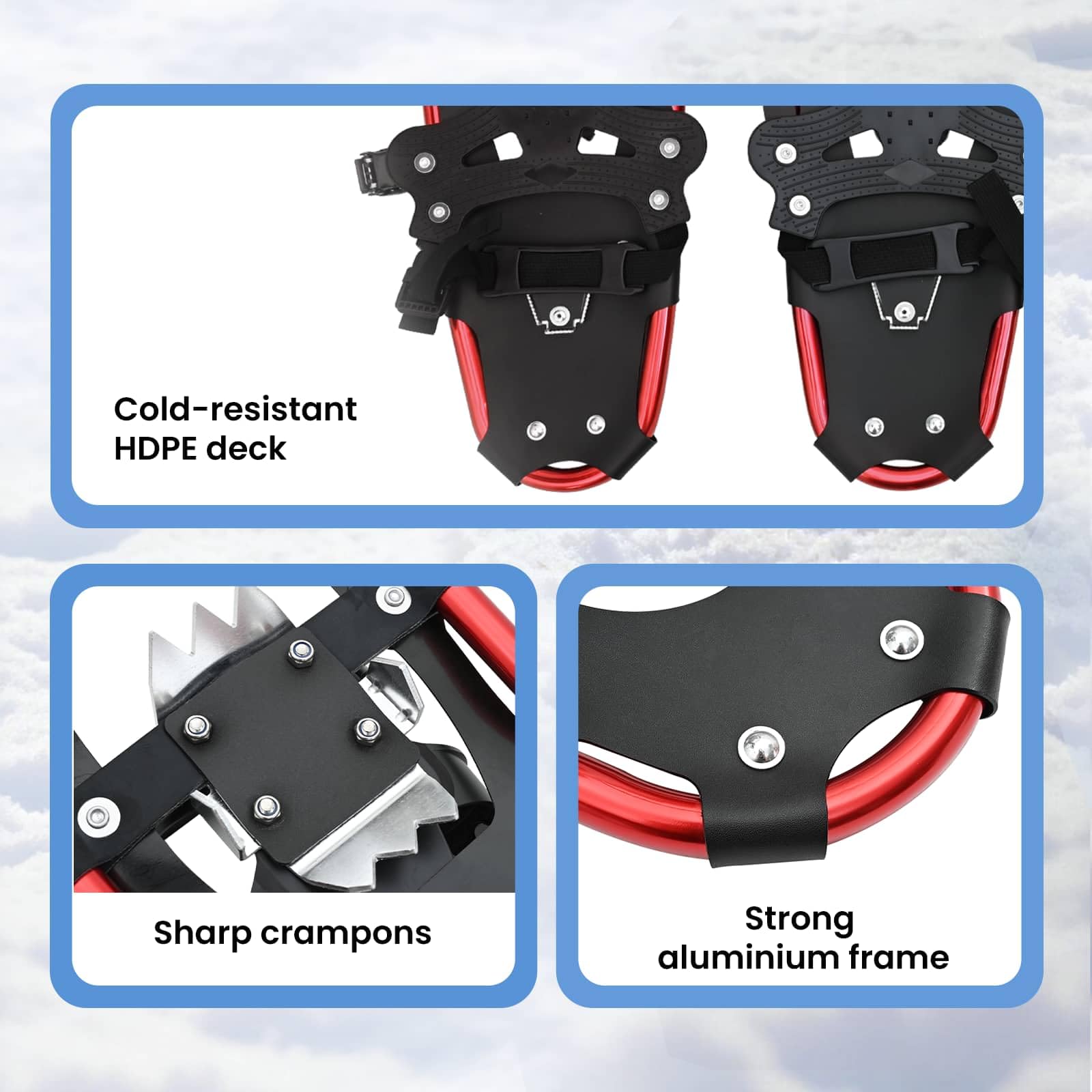 vidaXL Ciaspole 3 in 1 Rosso e Nero 53,5 x 21 cm Alluminio e HDPE, Ciaspole in alluminio per il giardino, attrezzatura outdoor regolabile, accessori moderni per camminare sulla neve