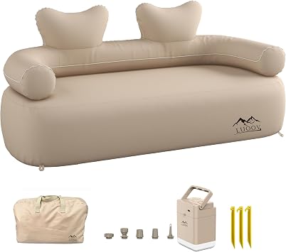 Folding Inflatable Couch Sofa Camping Chair for Adults Waterproof Outdoor Air Sofa Support 660 lbs for Camping Travel Built-in Electric air Pump Khaki Double
