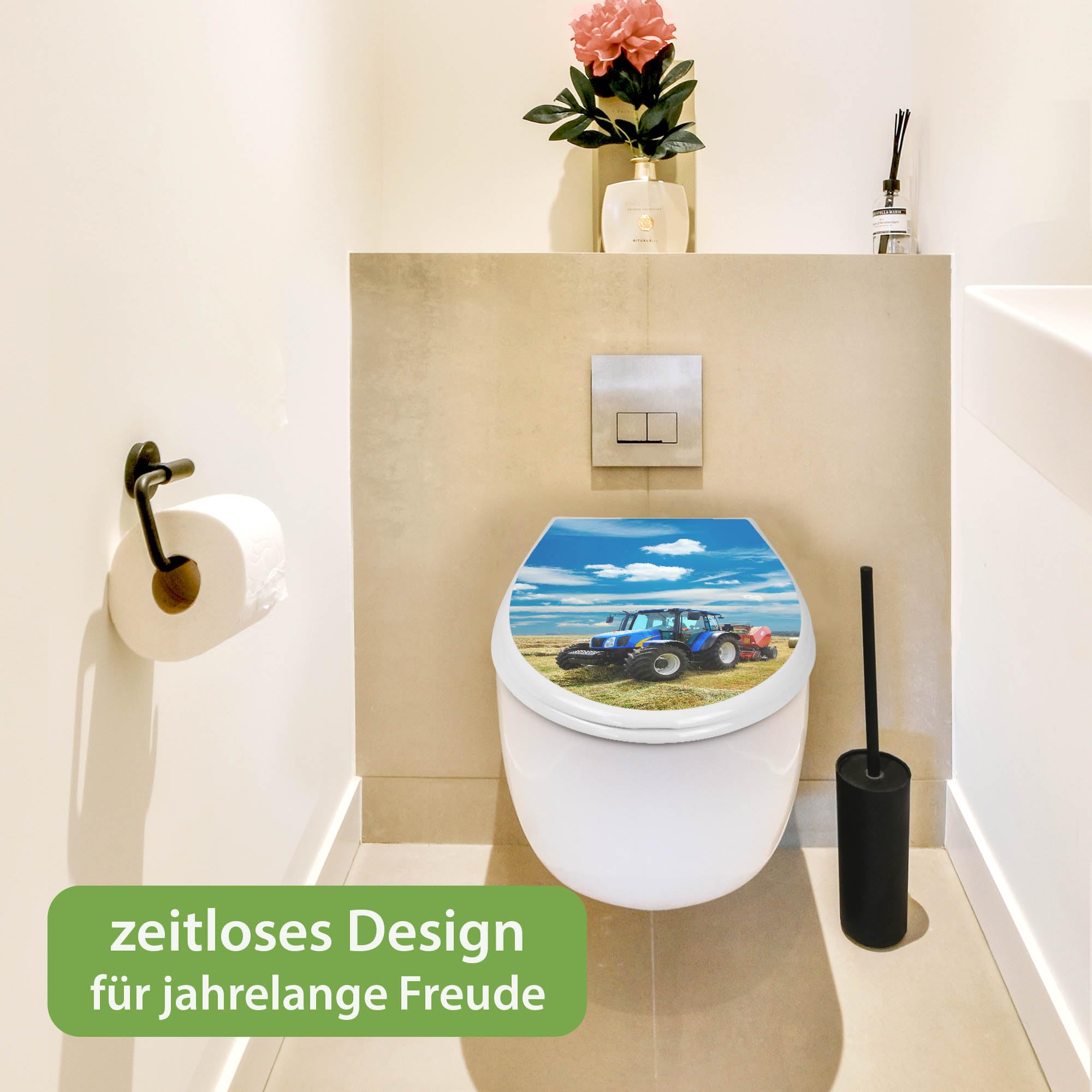 banjado Familien WC Sitz mit Absenkautomatik 44,9x37,1cm - Klobrille mit Kindersitz aus hochwertigem Polypropylen - Toilettendeckel mit Kinder Toilettensitz integriert - Motiv Traktor