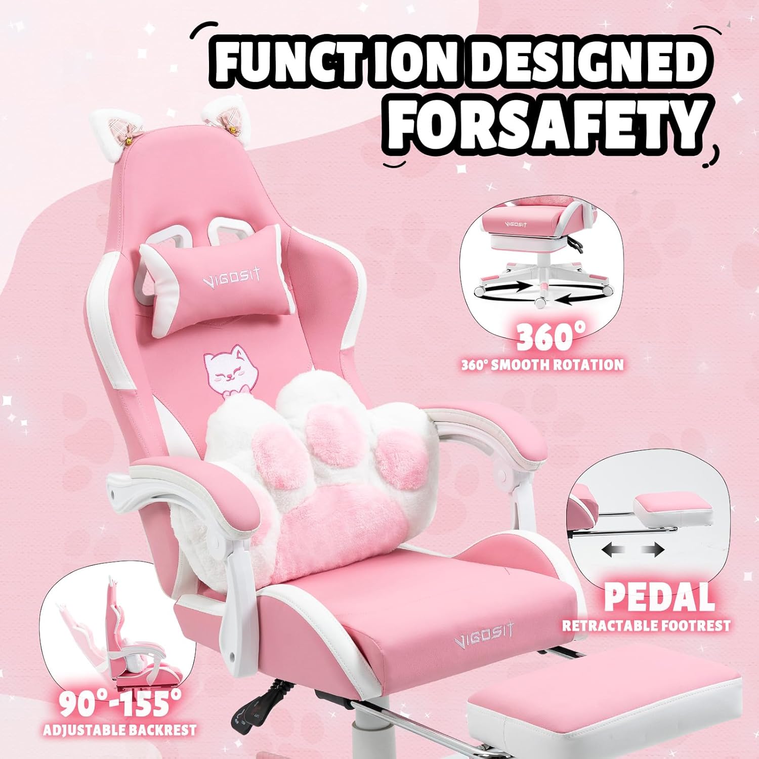 Pink Cat Gaming Chair with Footrest, Ergonomic Cute Gamer Chair with Cat Ears, Comfortable Desk Computer Chair for Girls Adults