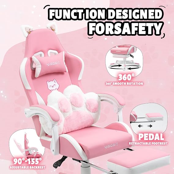 Vigosit Cat Ears Gaming Chair - Pink PU Leather Ergonomic Reclining Office Chair with Footrest, 310lb Capacity, 6-Position Recline, 360 Swivel
