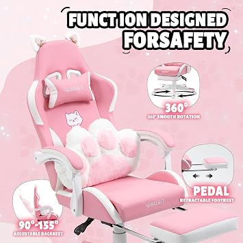 Vigosit Cat Ears Gaming Chair - Pink PU Leather Ergonomic Reclining Office Chair with Footrest, 310lb Capacity, 6-Position Recline, 360 Swivel