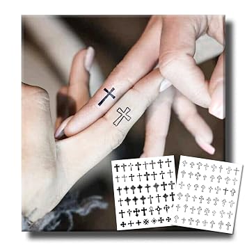Semi Permanent Tattoo, 2 Sheets 96 Tiny Cross Temporary Tattoo for Finger Hand, Minimalist Black Christian Religious Fake Tattoos Stickers for Men Women Adult, Lasts 7-15 Days Waterproof