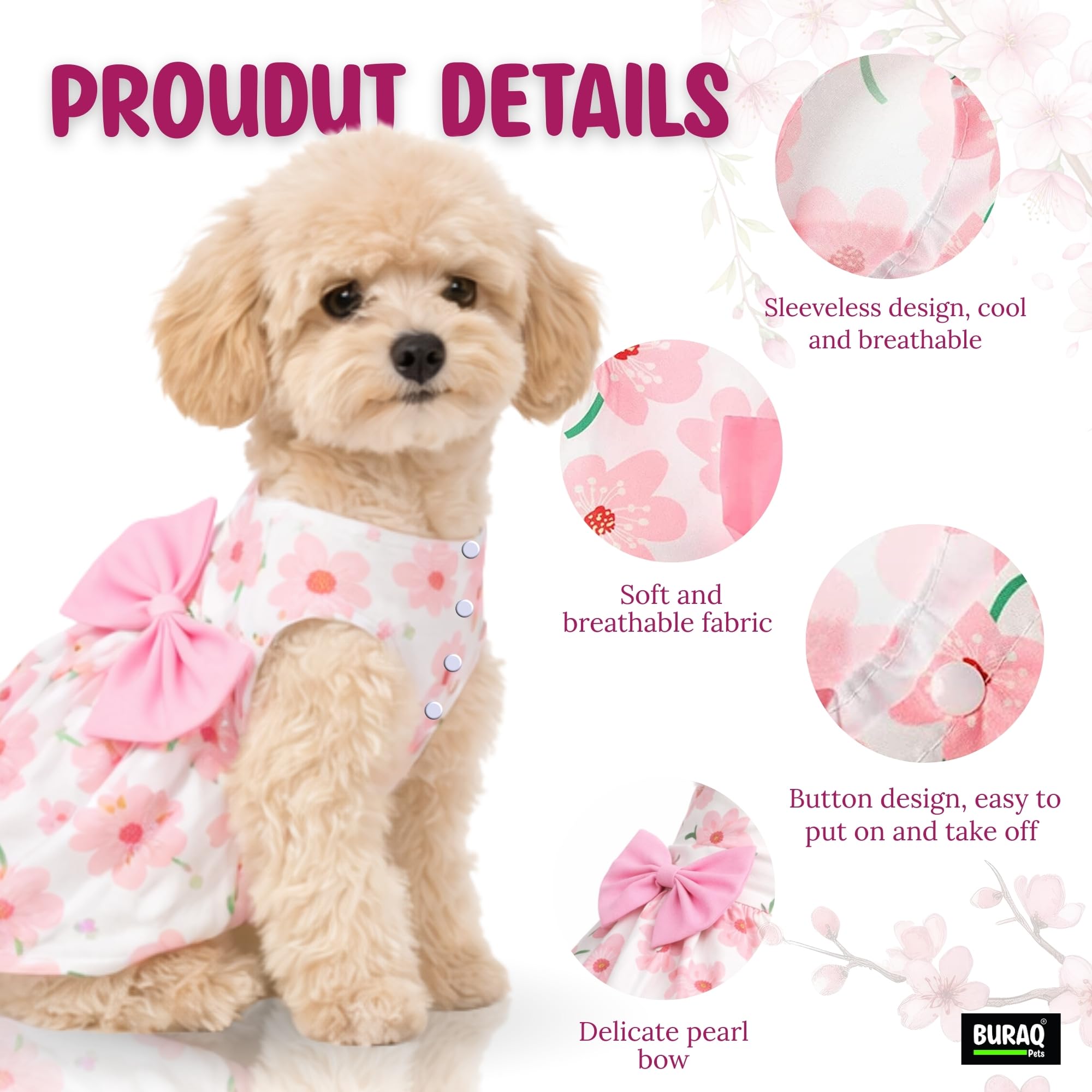 Buraq Floral Dog Dress with Bow, Soft & Cute Puppy Clothes for