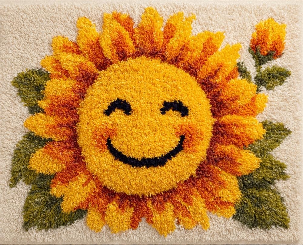 FWRTYCB Latch Hook Kit for Adults and Beginners -Sunflower DIY Tapestry Rug Making with Printed Patterns,20X15Inch Canvas Yarn for Home Décor