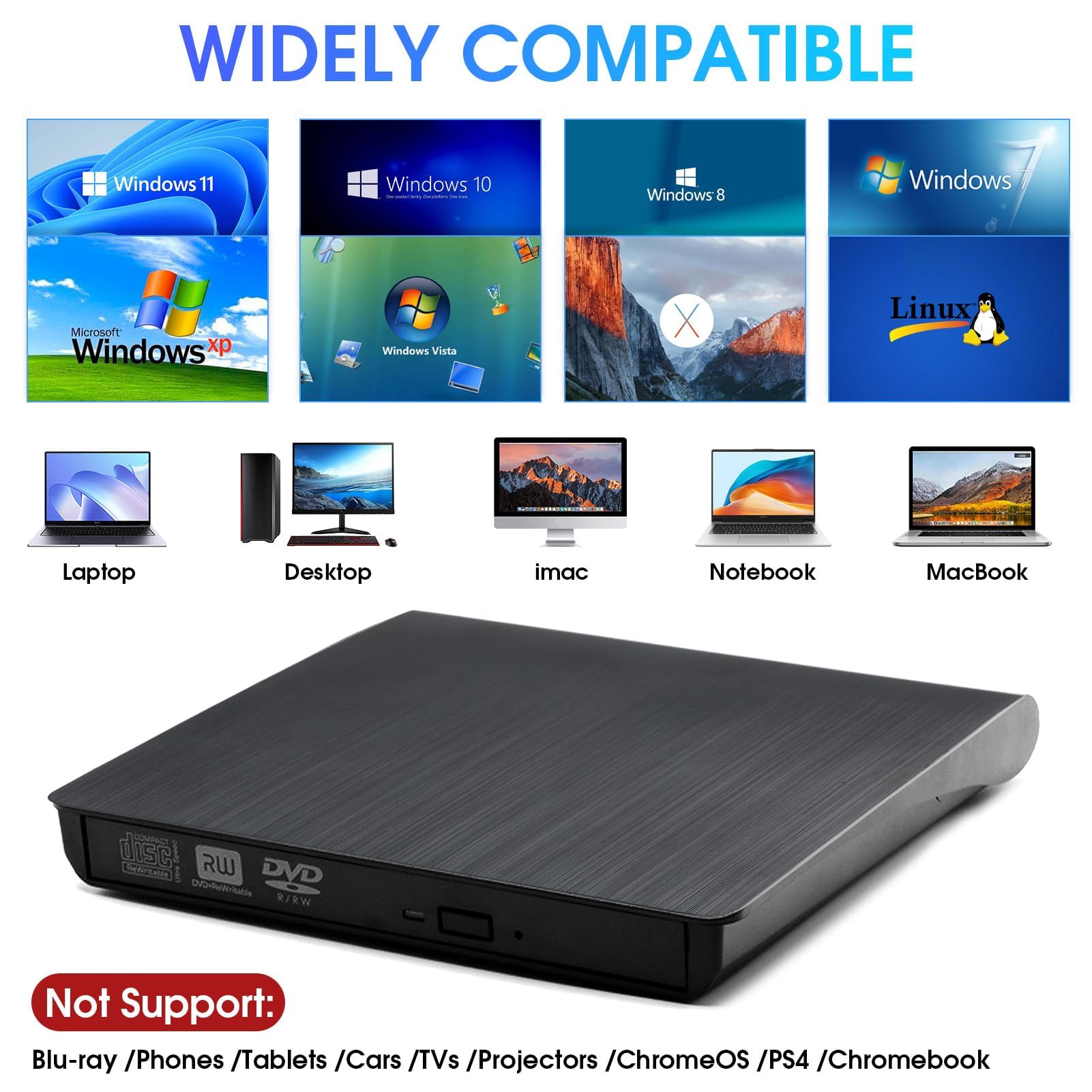 VoltCozy Grabadora CD DVD Externo USB 3.0 y USB-C Lector CD Externo y Grabadora DVD/CD +/-RW para PC y Portátil Slim con Cable Integrado Plug & Play 8X/24X Windows 11/10/8/7 MacOS Linux — view 5