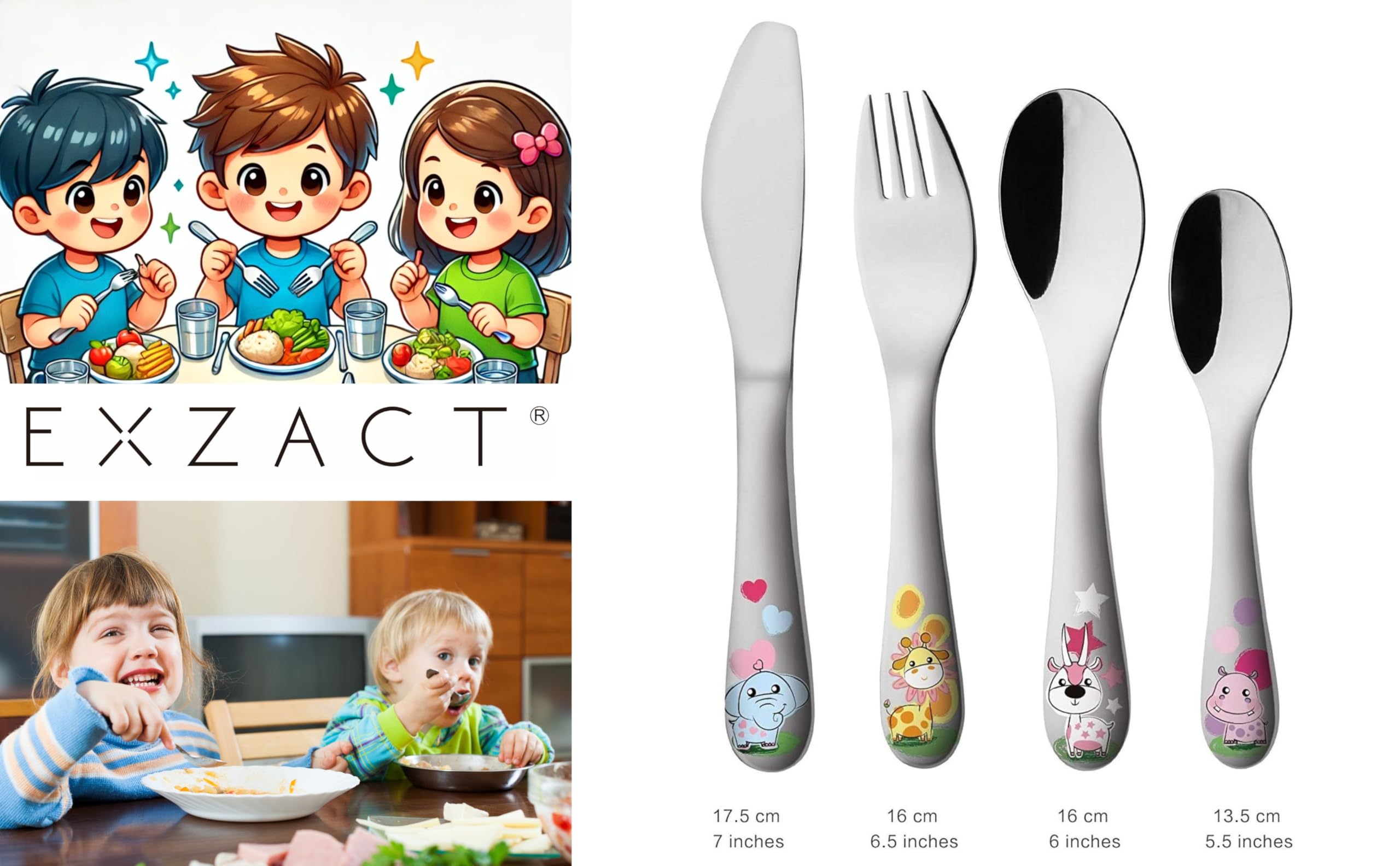 thumbnail: 4-delige RVS Bestekset Voor Kinderen - Vaatwasmachinebestendig - Met Afgeronde Randen