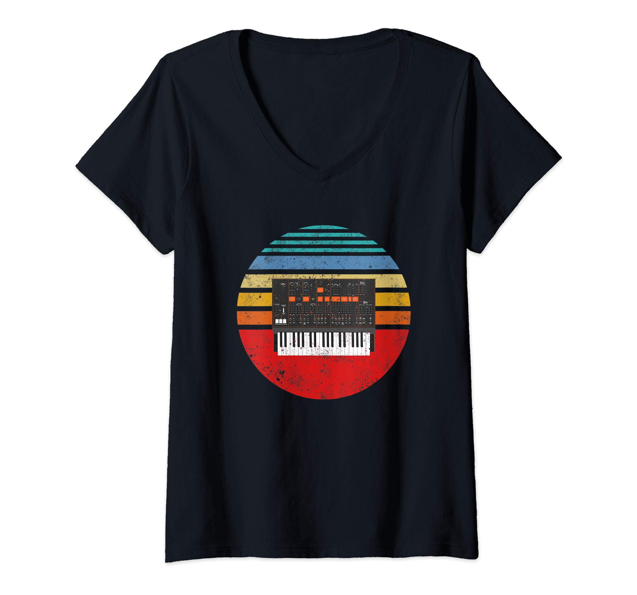 SynthJunky ApparelWomens Retro Duophonic Synth Sunrise Synthwave V-Neck T-Shirt