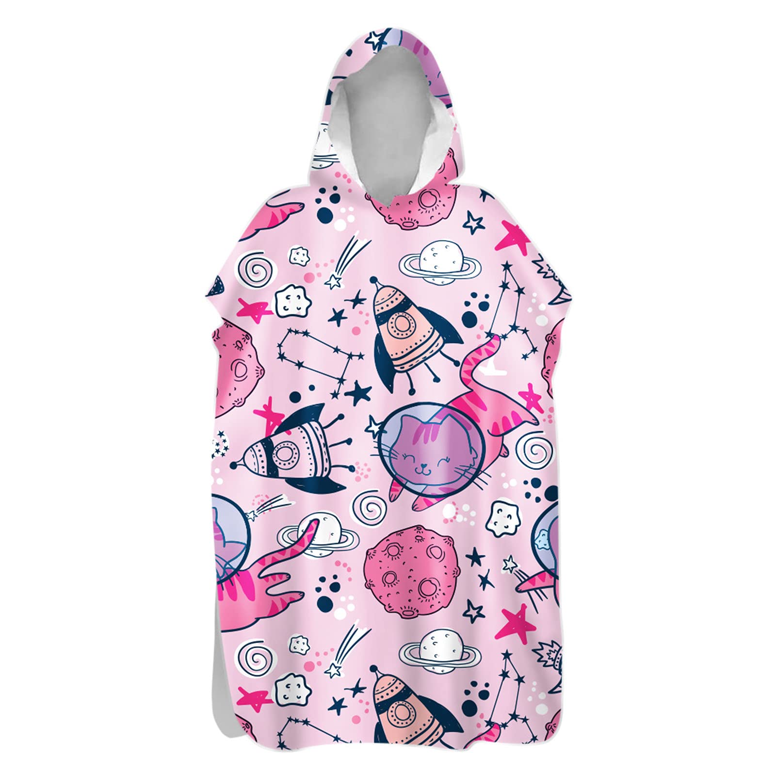 Chickwin Changing Dry Robe Towel Poncho for Adult Kid, Cat Printed Poncho with Hooded Swim Beach Towel Microfibre Beach Surfing Swimming Robe (Pink planet,80x145cm)