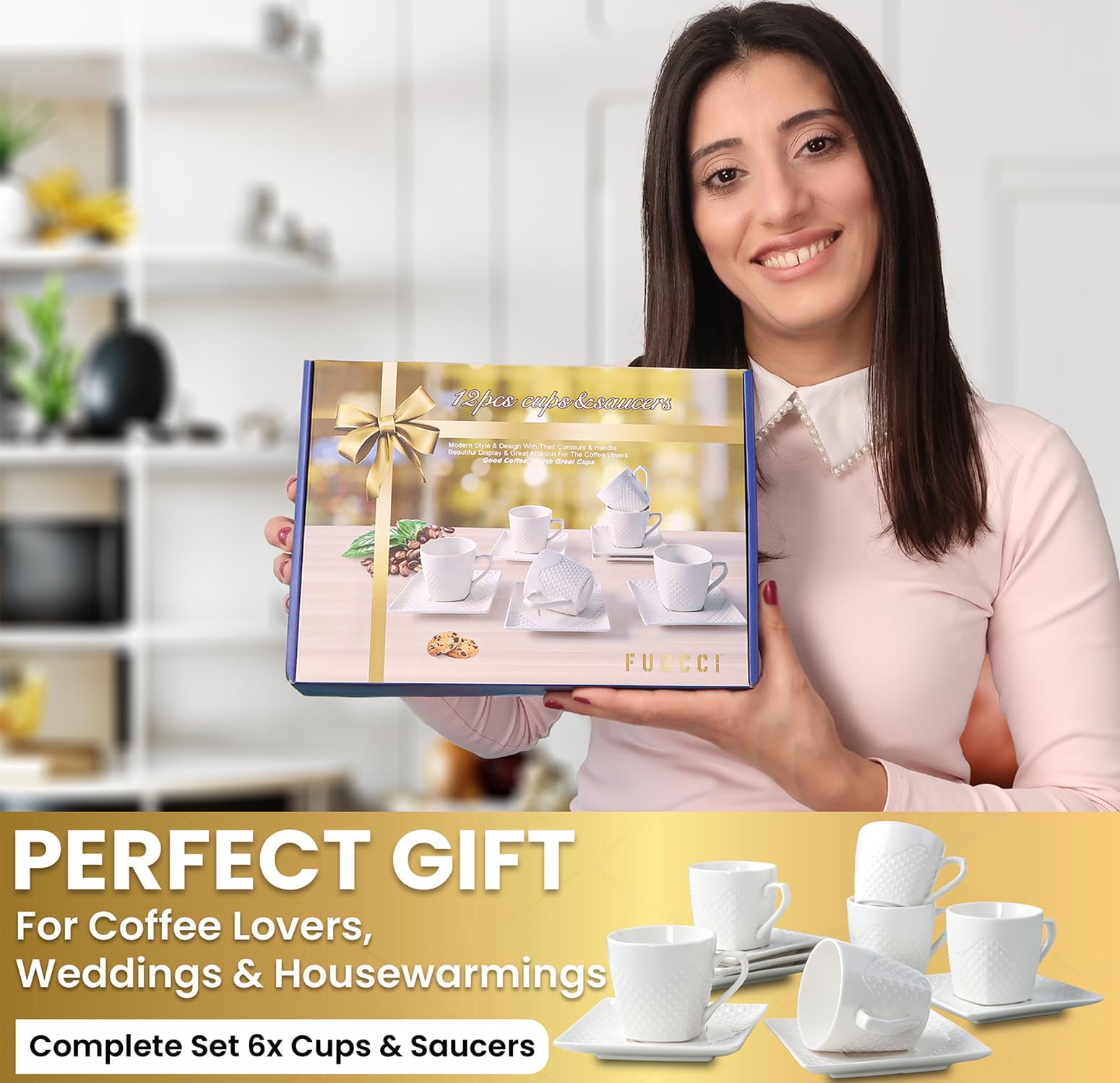 FUOCCI Juego de 6 tazas de café expreso italianas con platillo, de cerámica de 3.5 onzas