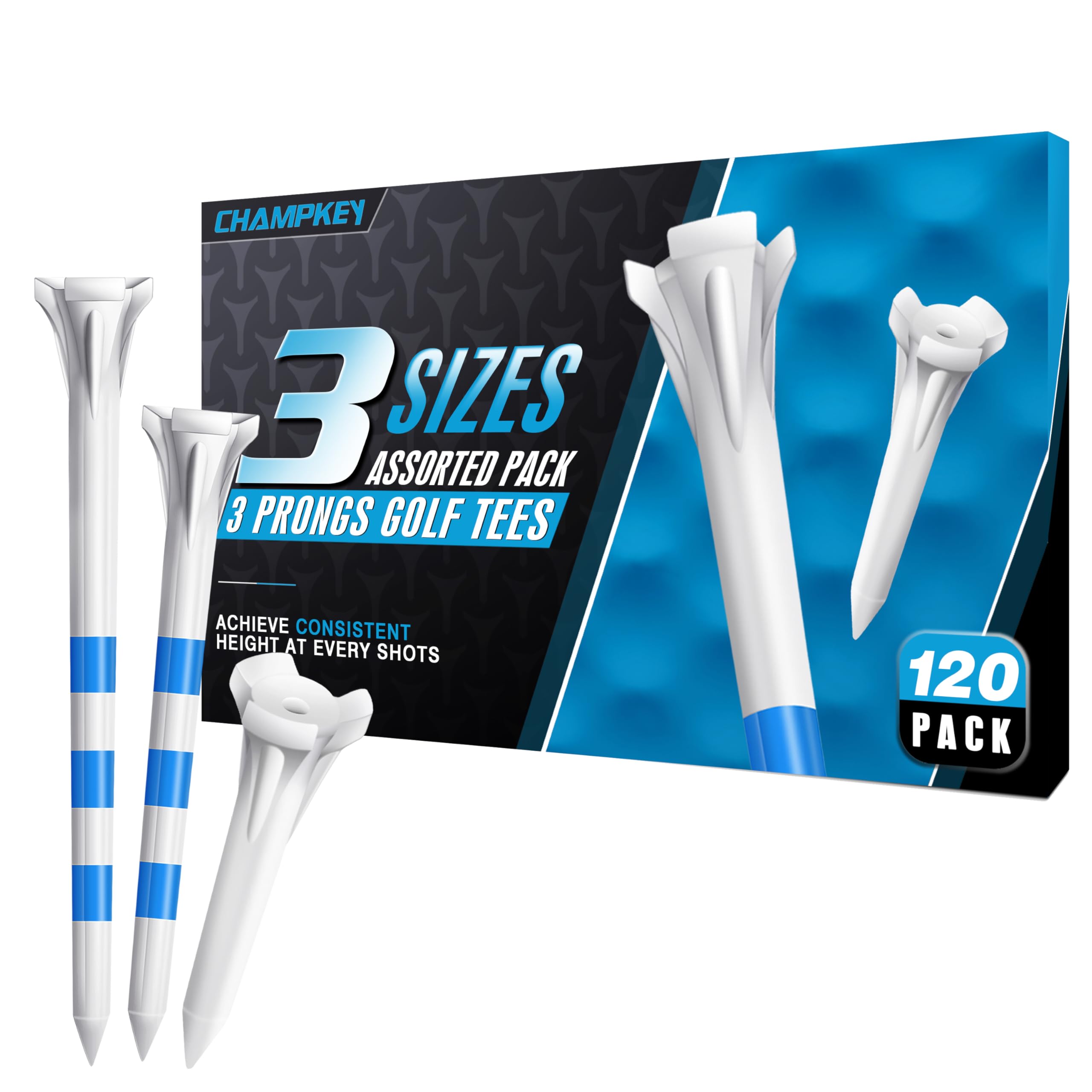 CHAMPKEY Professional 3 Prongs Golf Tees 120 Pack (Including 30 * 83mm/ 50 * 70mm/ 40 * 38mm) Low Friction and Resistance Golf Plastic Tees (White)