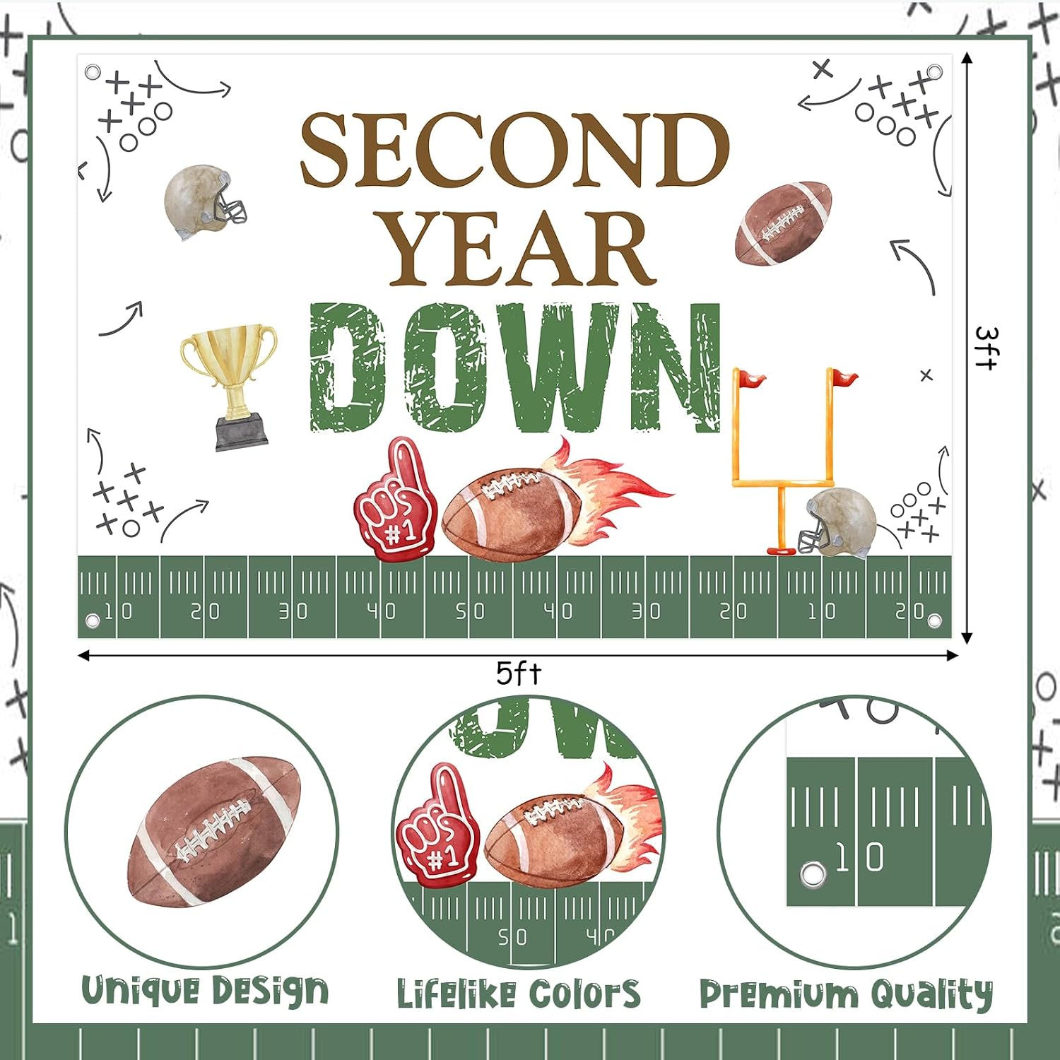 5x3ft Second Year Down Football Backdrop - Football 2nd Birthday Party Decorations for Boys Girls, 2nd Touchdown Birthday Photography Background for Rugby Sports Theme Party