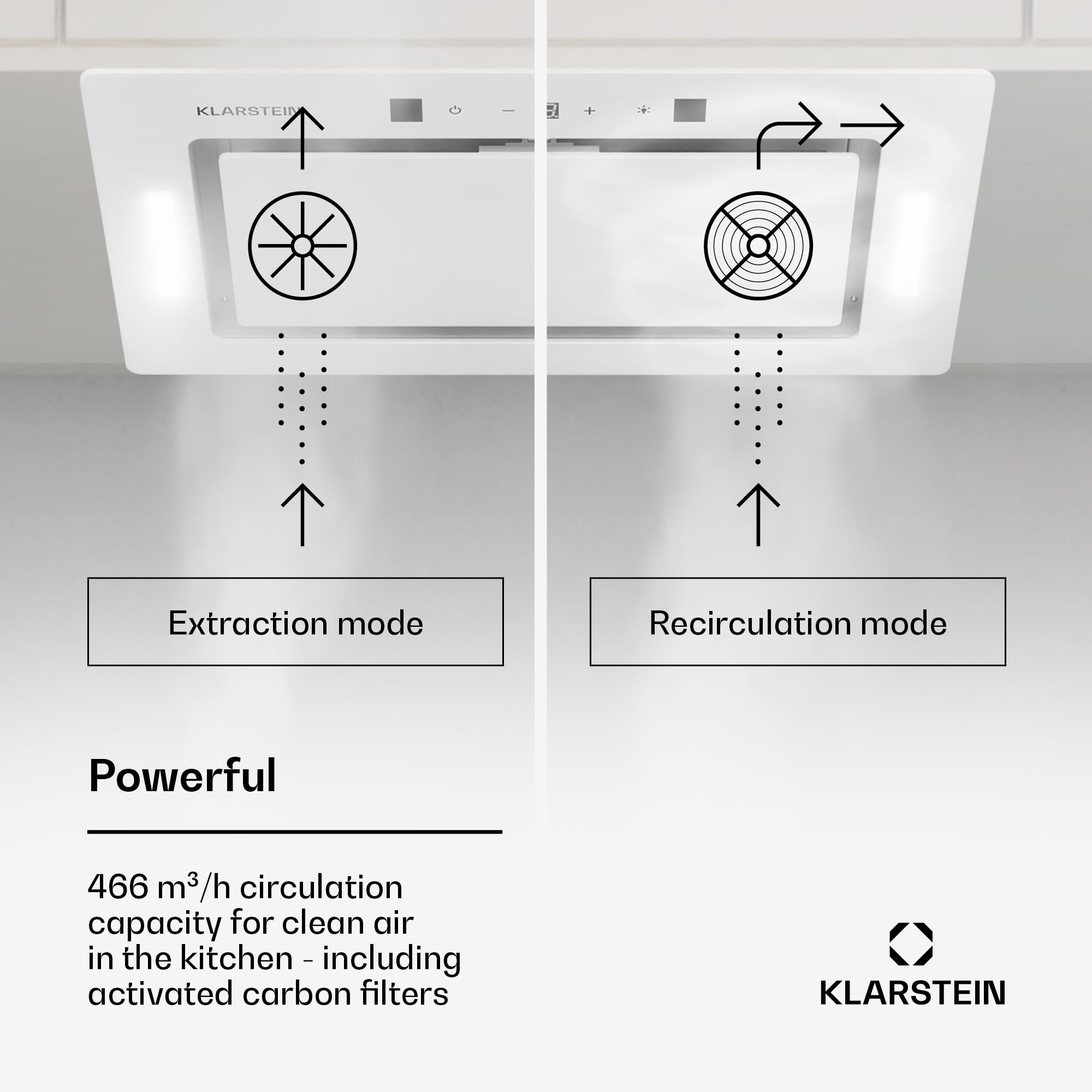 Klarstein Okap kuchenny, Okap wyciągowy/z recyrkulacją, z filtrem, Oświetlenie LED i panel dotykowy, Cichy z przepływem 466 m³/h, Wydajny ze stali nierdzewnej