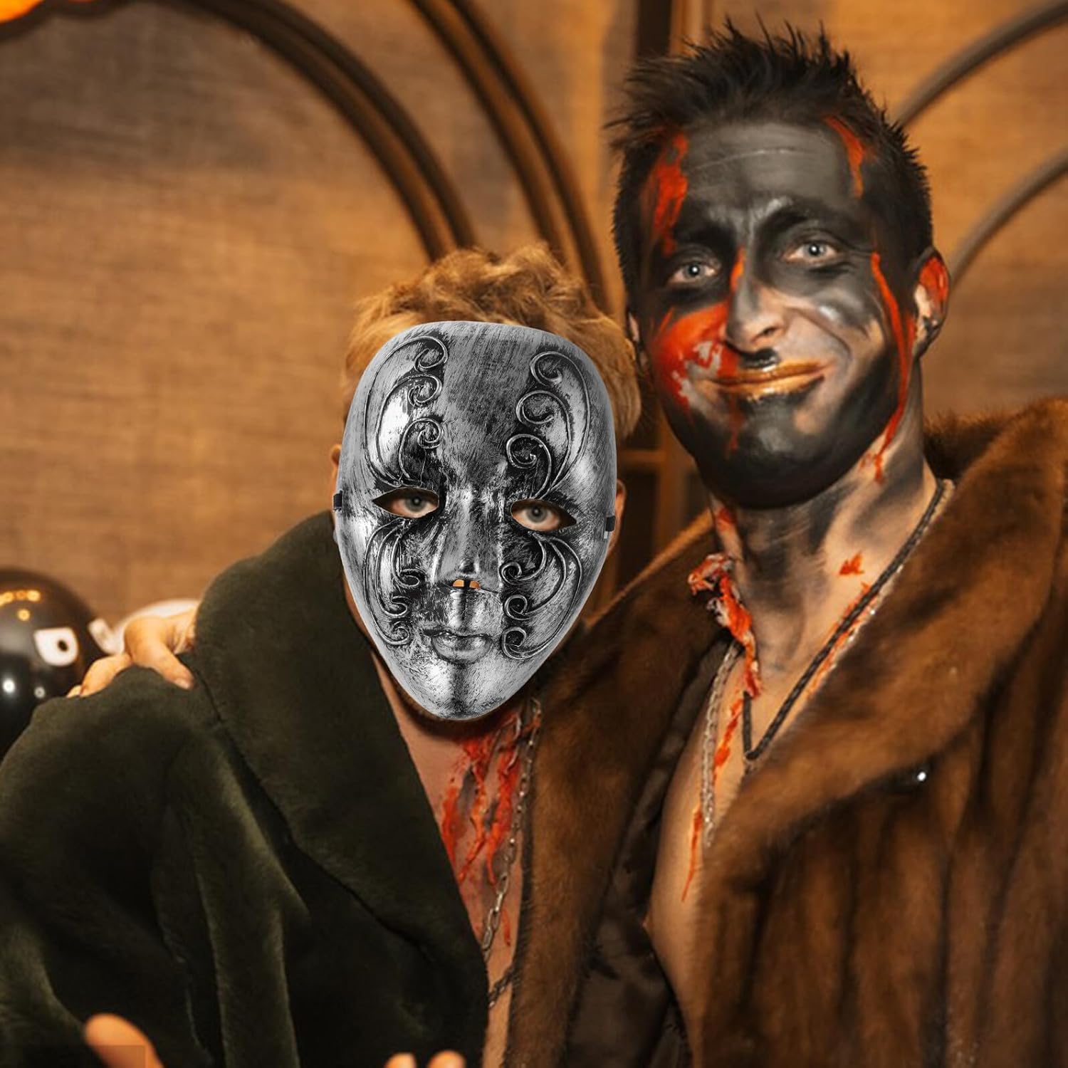 Vintage Halloween Mask Full Face Venetian Silver for Men and Women Halloween Scary Costume Party Dress-up
