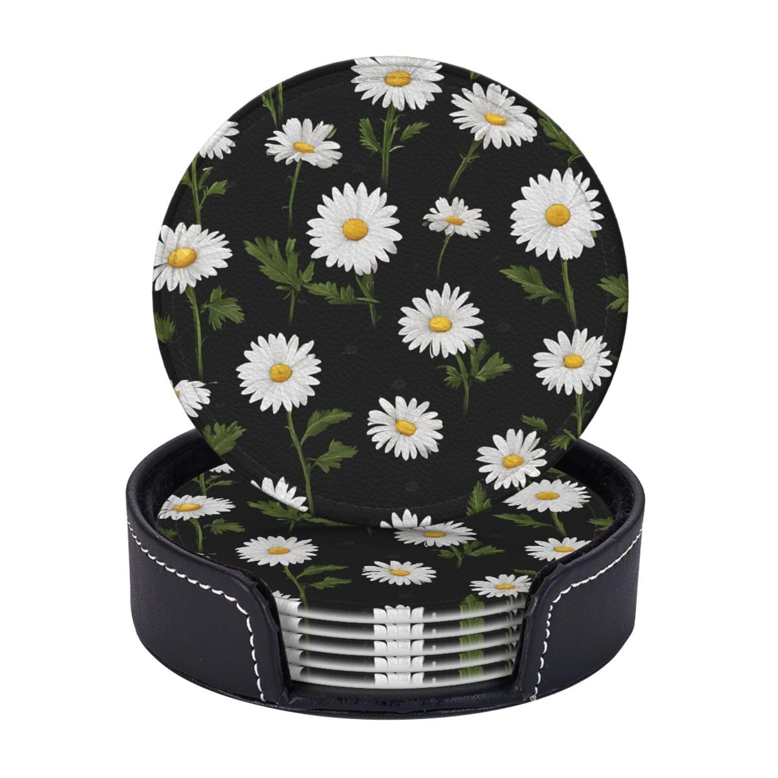 Coasters Set of 6 Microfiber PU leather Coasters with Holders for Drinks Coffee Bar Accessories, House Apartment Coffee Table Decor, Housewarming Gifts - Daisy