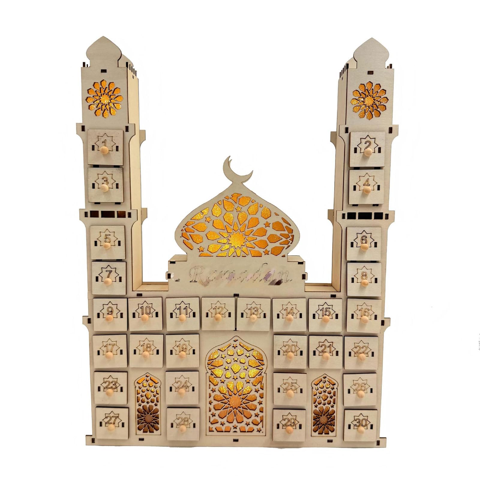 Moschee Schlösser Adventskalender Aus Holz Mit 30 Schubladen Und LED Lichtern Für Eid Party Tischdekorationen Feiertags Countdown Kalender