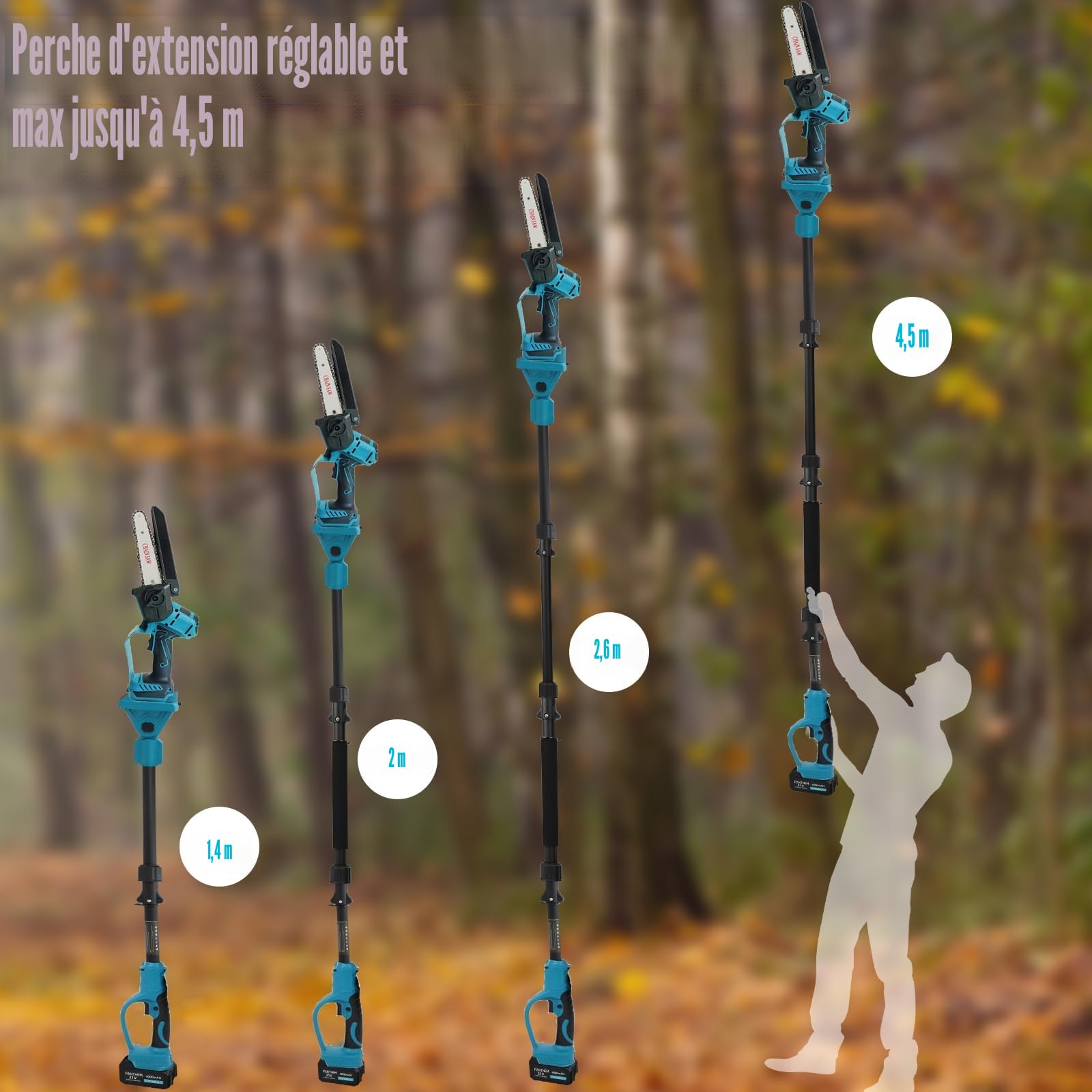 Mini tronçonneuse et Secateur Télescopique compatible avec Makita 18 V | sans batteries 4 en 1 Perche Élagueuse Secateur à Batterie sans fil avec Perche petite scie de verrouillage de sécurité