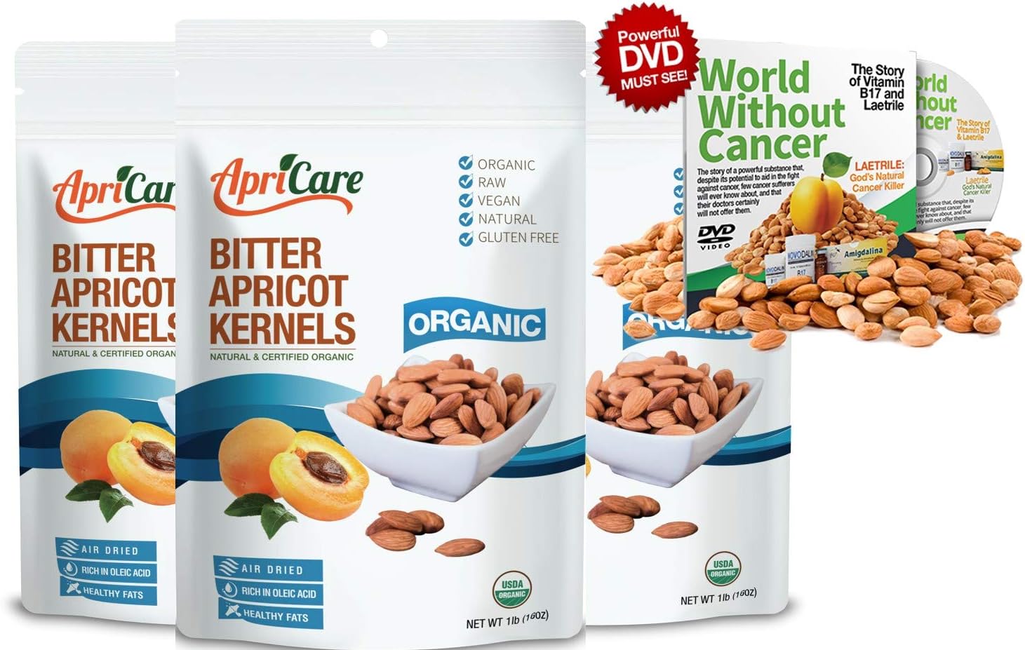 BULK 3-PACK ApriCare BITTER CERTIFIED ORGANIC RAW APRICOT KERNELS 3x500g (3x17oz) FREE DVD BUNDLE