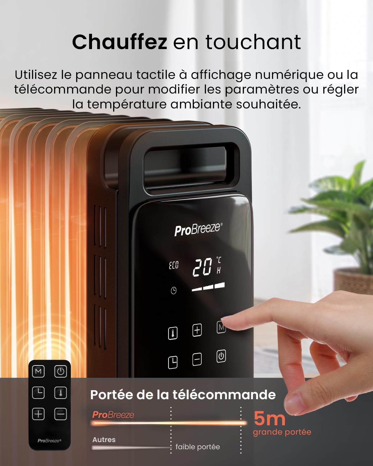Pro Breeze OmniWarm Radiateur Bain d'Huile 2500W, 11 éléments - Chauffage Électrique - Écran Digital, Mode Éco, 3 Niveaux de Chauffage, Thermostat Réglable, Sécurité Anti-basculement & Minuteur 24H
