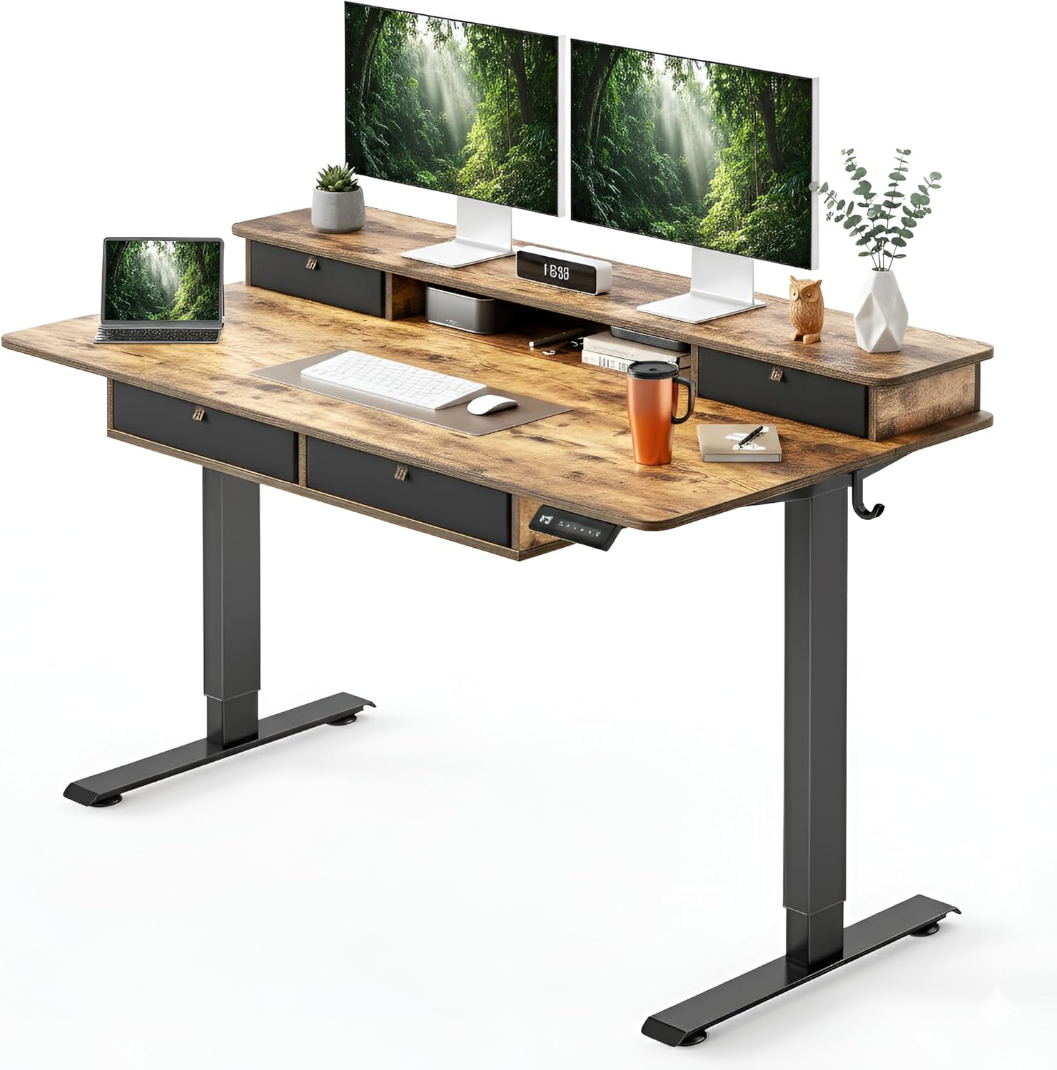 CubiCubi 48" x 24" Standing Desk with Drawers, Electric Height Adjustable Workstation, Computer Sit Stand Up Office Table with Large Storage Shelf, 4 Drawers and 2 Hooks, Rustic Brown