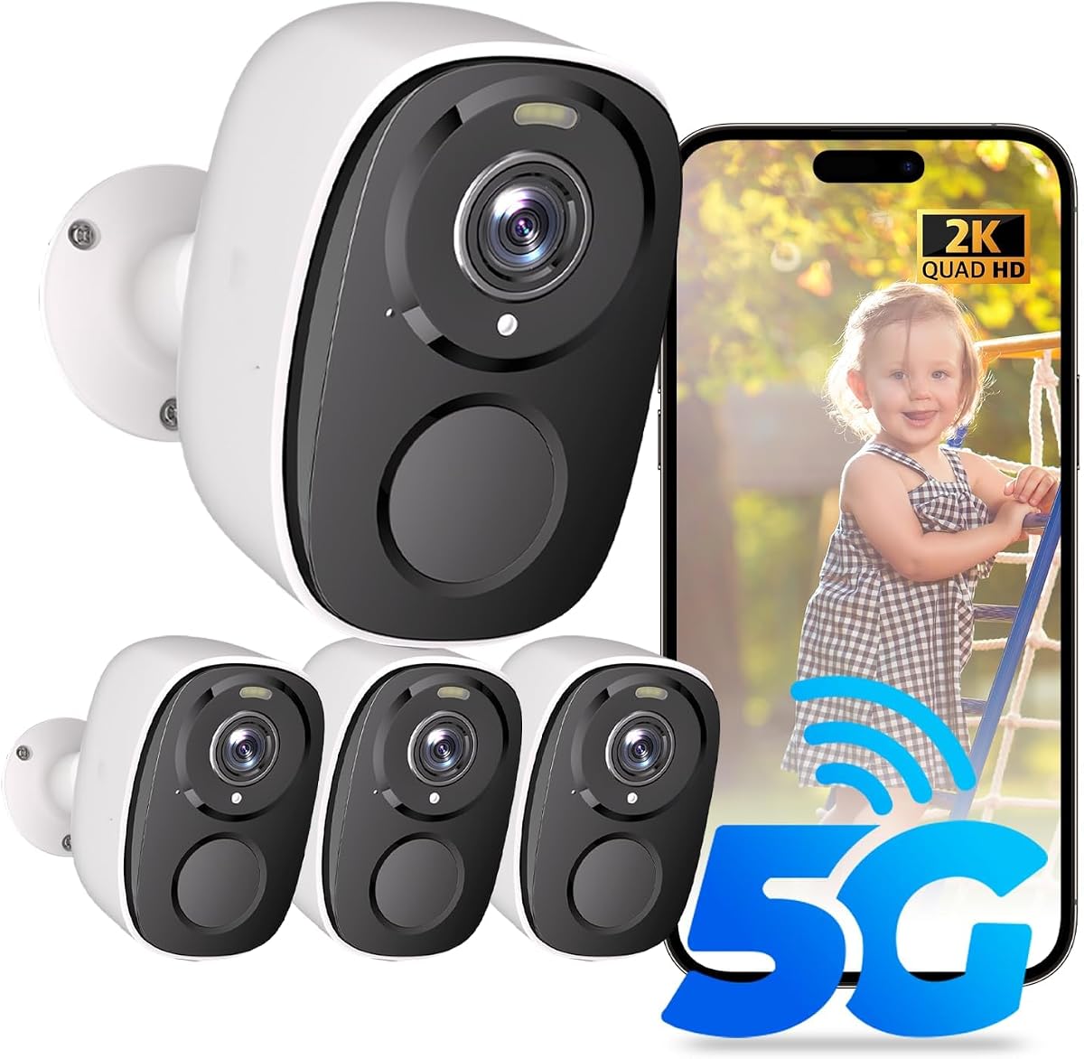 ELECCTV 4pcs WiFi Security Cameras Wireless Outdoor Battery Powered,5G/2.4G | 2K Home Indoor Camera with AI Motion Detection, Siren Alarm, Color Night Vision, 2-Way Talk, IP65, Works with Alexa