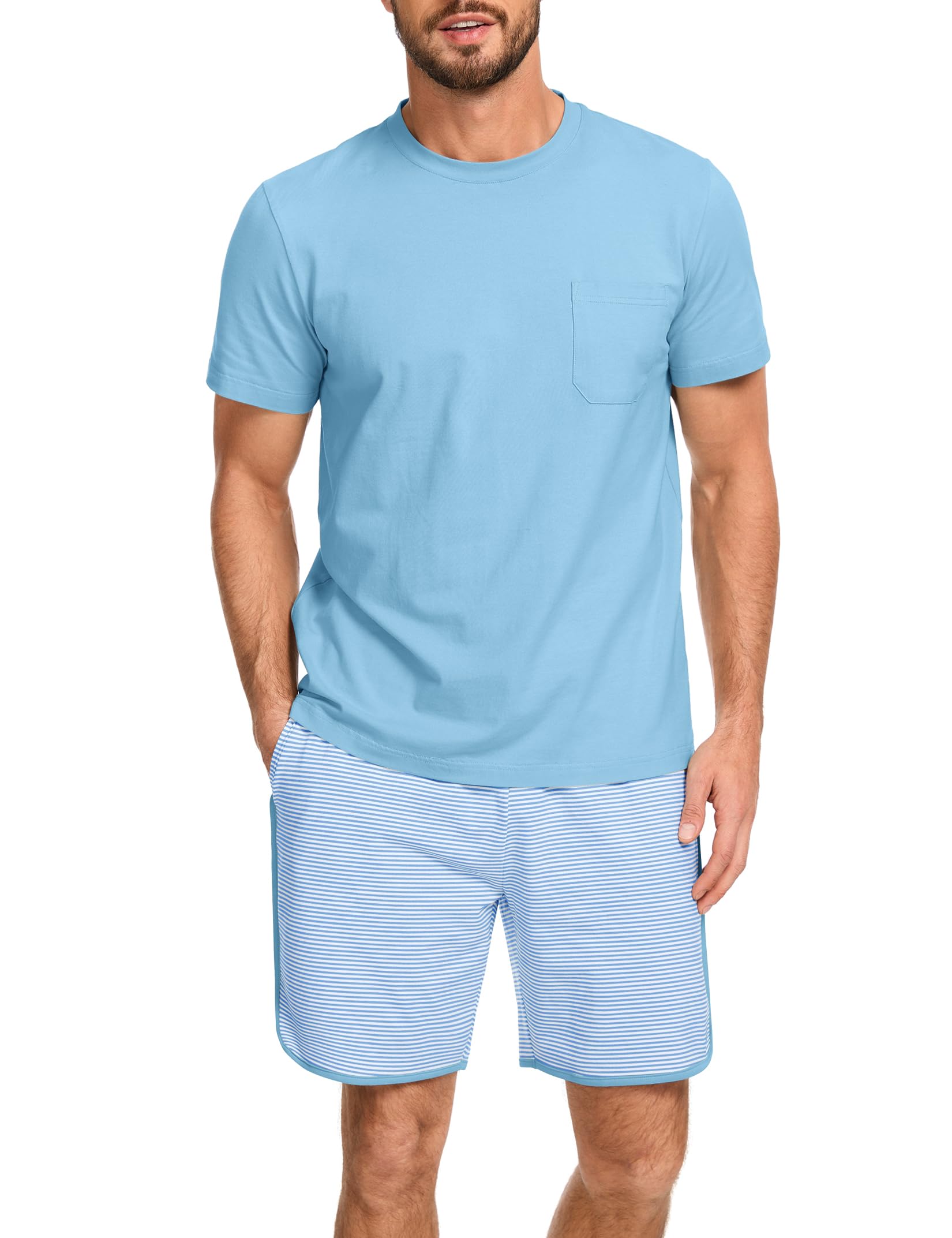 Atforna Schlafanzug Herren Kurz Streifen Pyjama Set Sommer Baumwolle Schlafanzüge für Männer Nachtwäsche Shorty Zweiteiler Pijamas