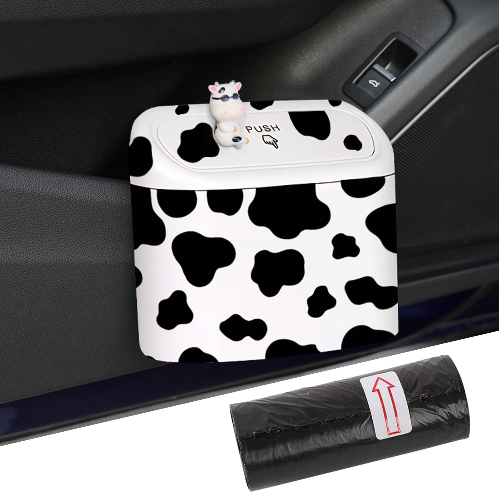SuperKaKa Car Cow Print Trash Can - White Garbage Organizer Holder with Black Trash Bag Rolls, Cute Automotive Dustbin for Most Cars Interior